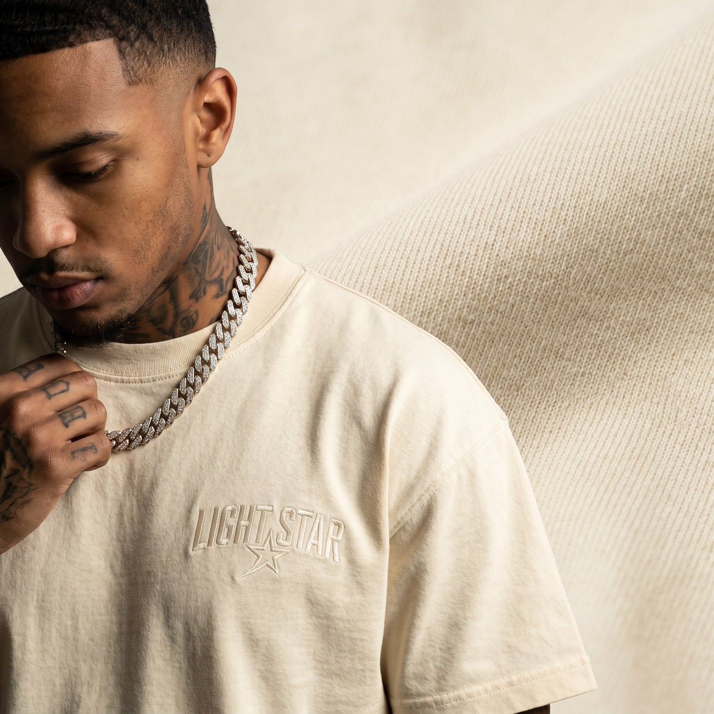 Striped Sleeve Heavy Tee Cream detail