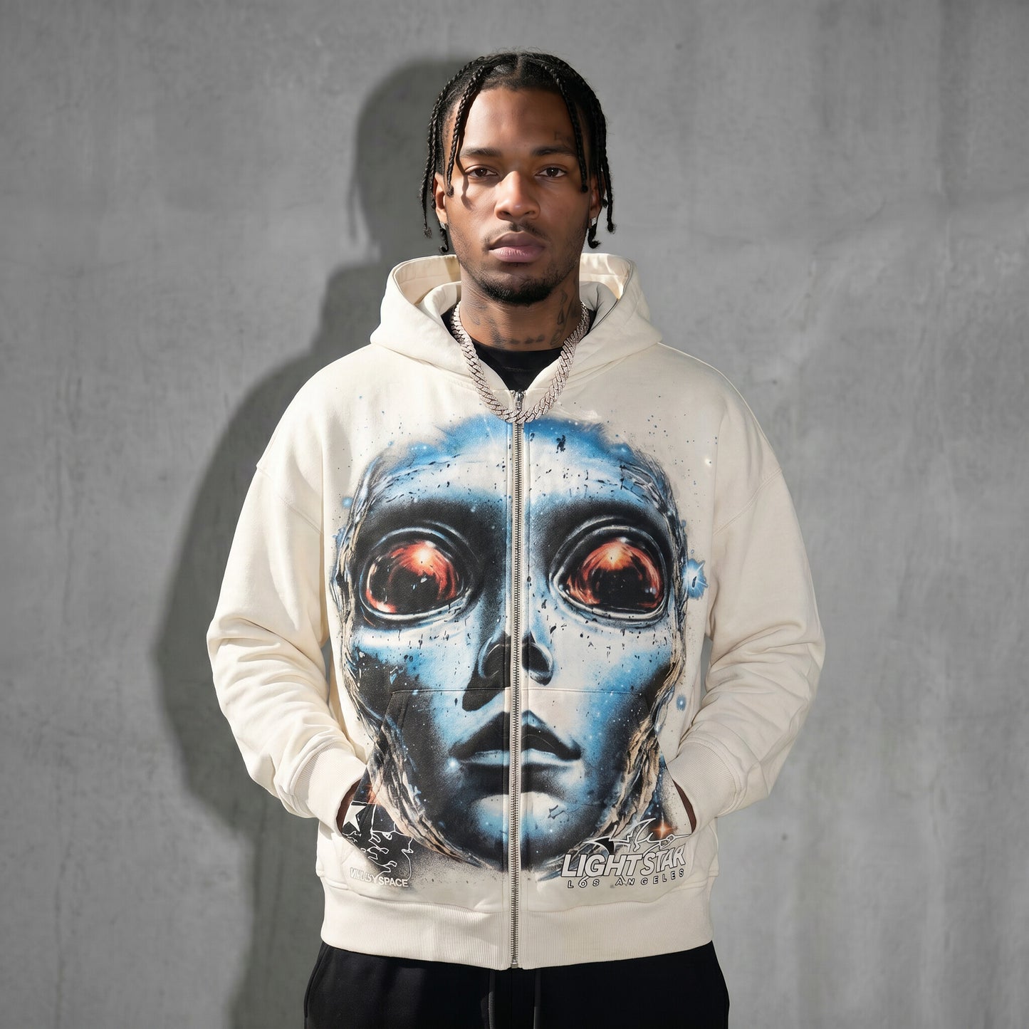 Valley Space Alien Zip Hoodie (Full Print) Bone White front