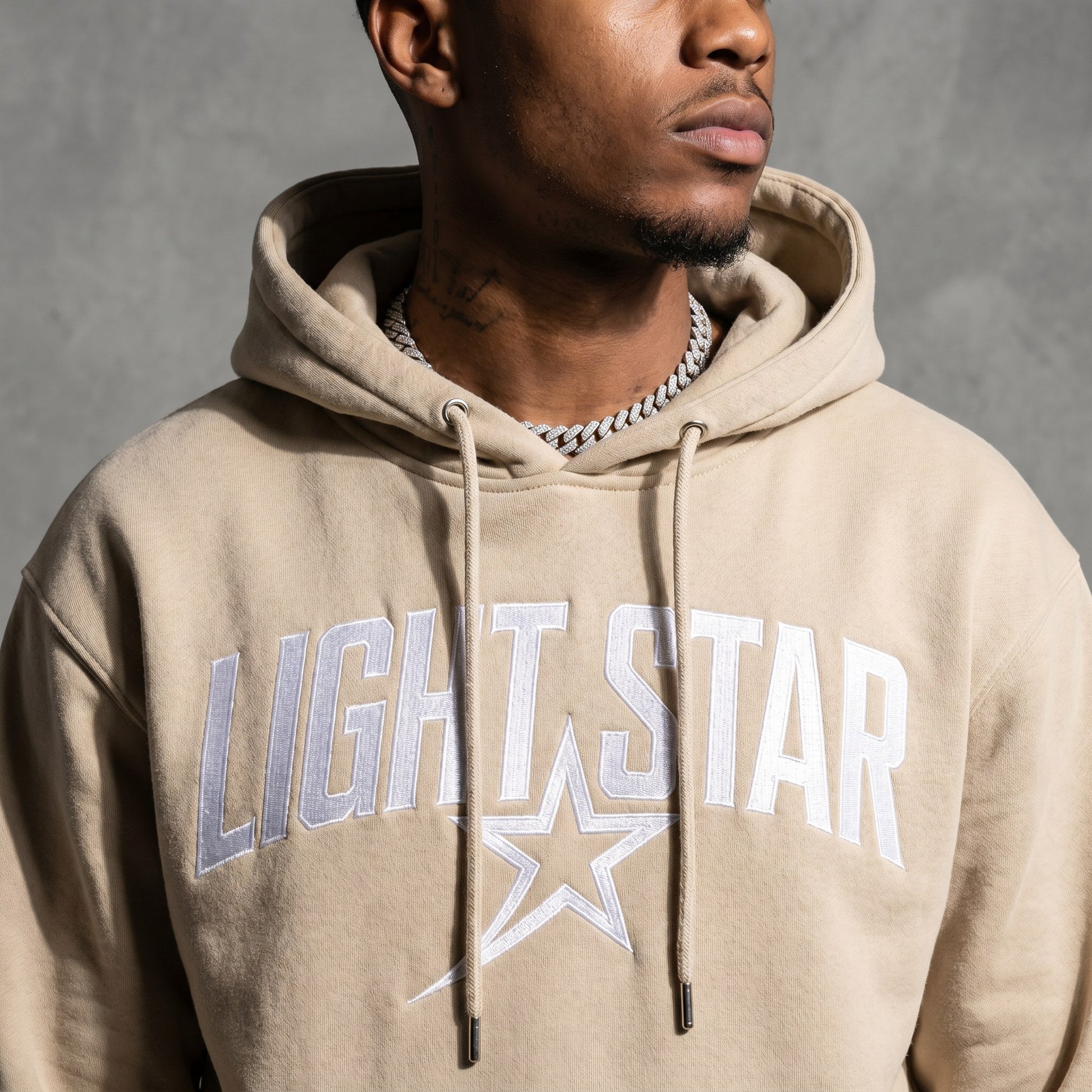 Arch Logo Heavyweight Hoodie — Light Star Desert Sand detail