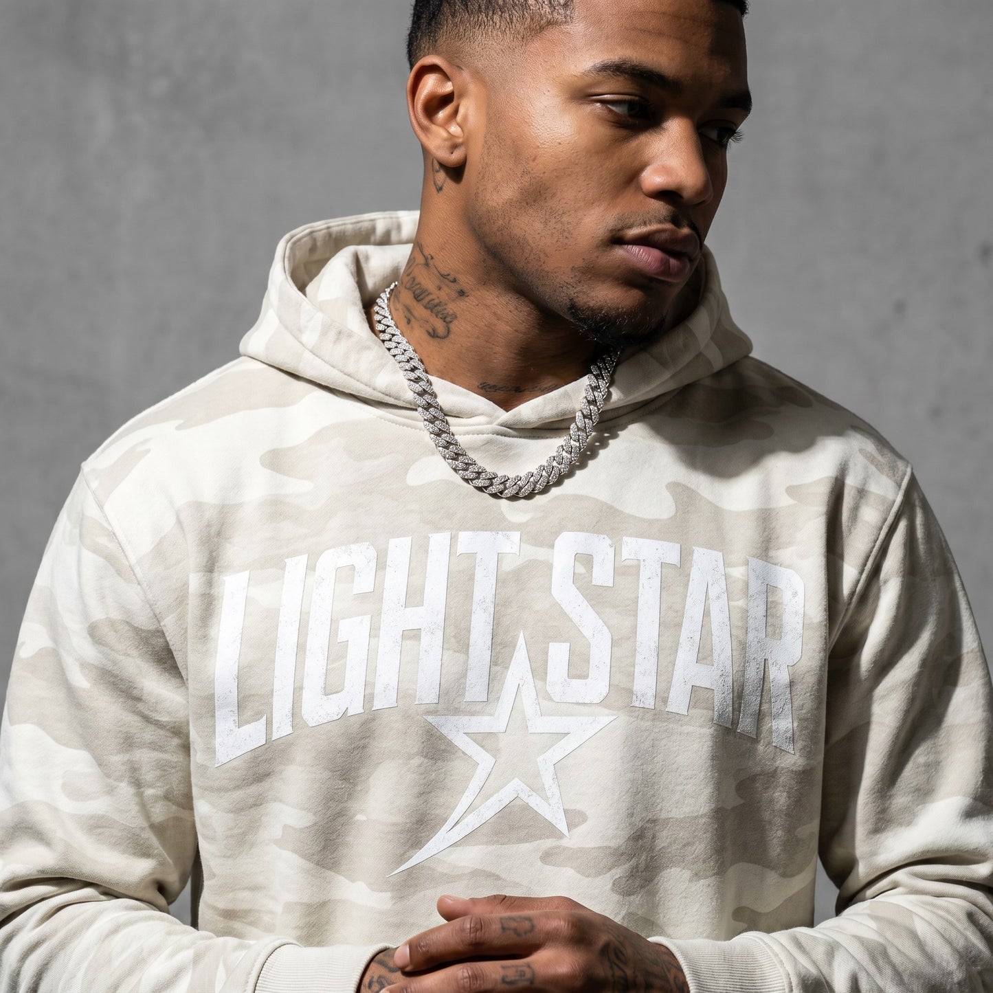 Camo Star Pullover Hoodie — Light Star Bone White detail