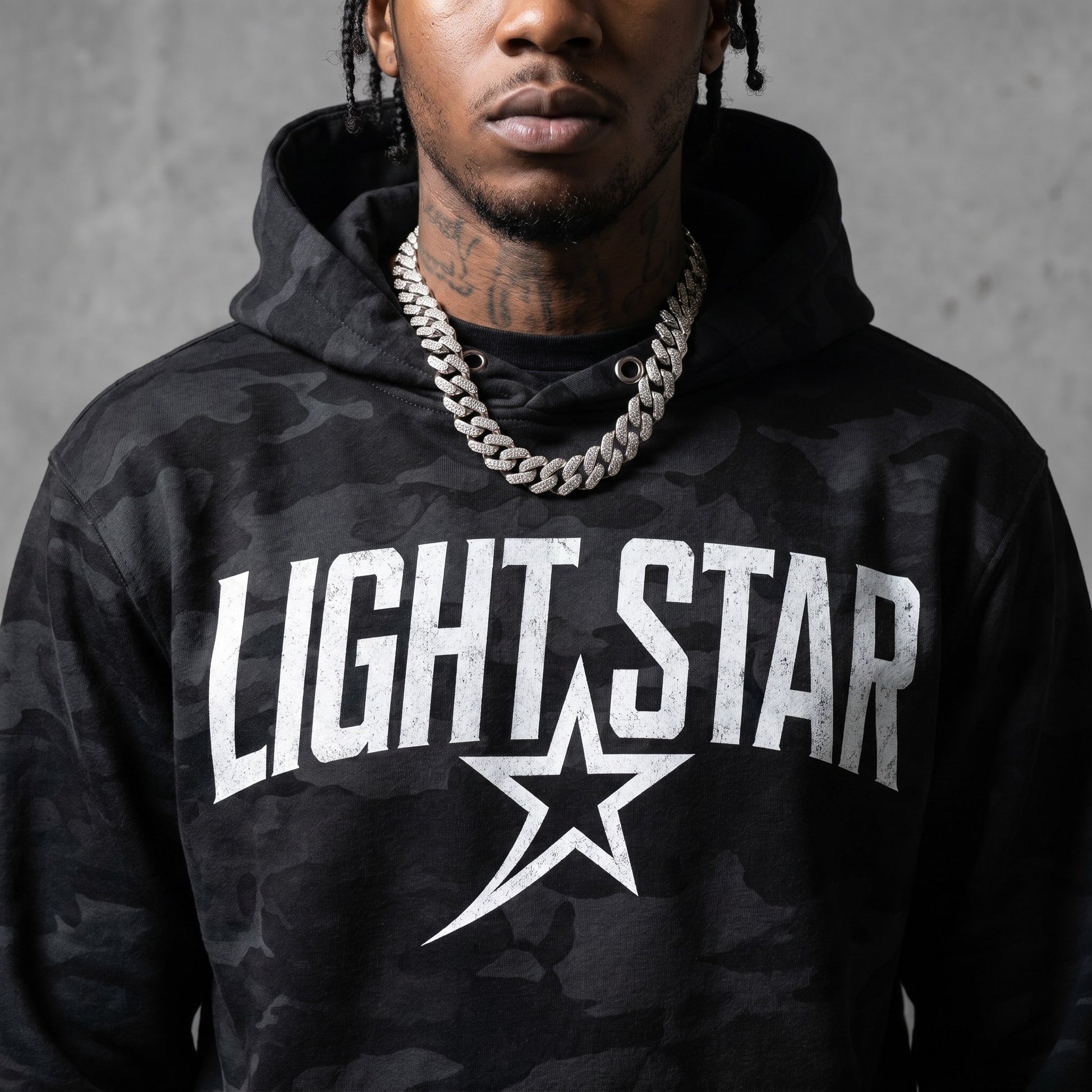 Camo Star Pullover Hoodie — Light Star Jet Black detail