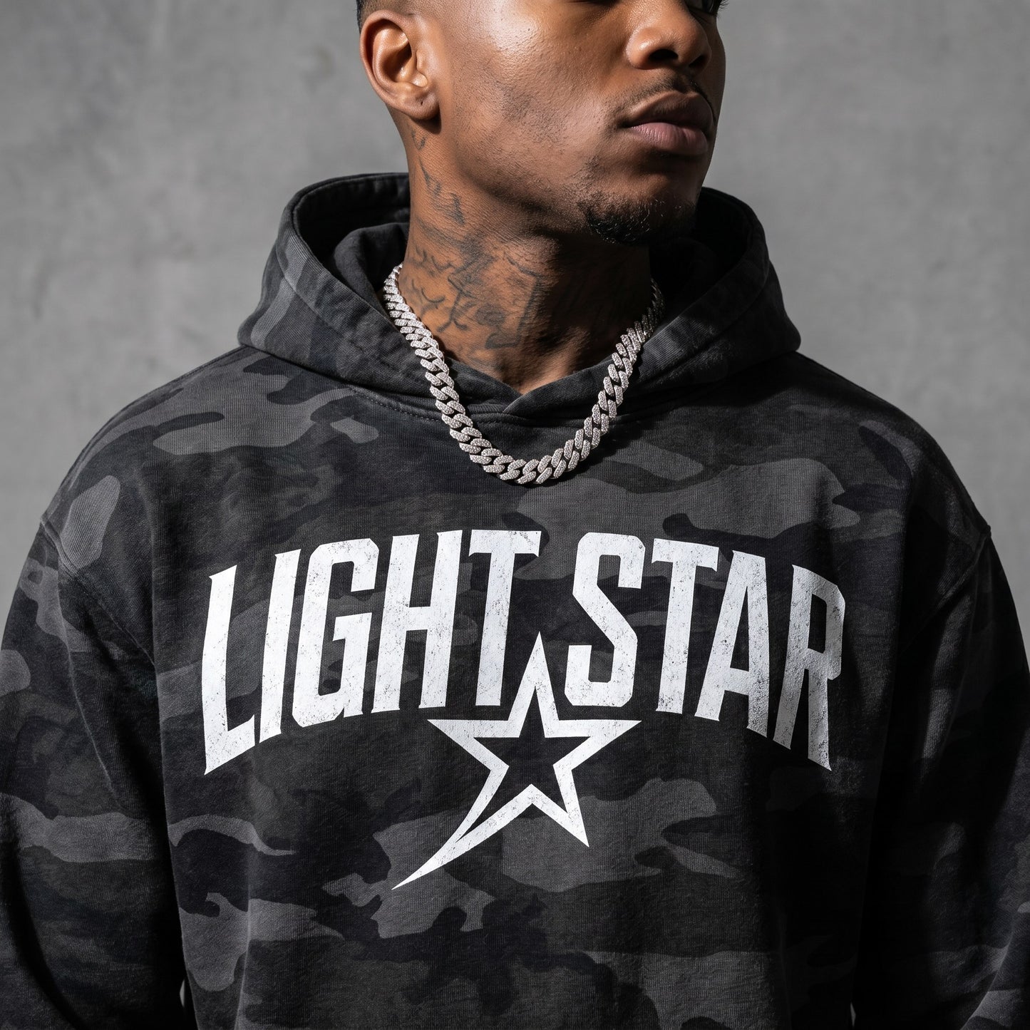 Camo Star Pullover Hoodie — Light Star Washed Black detail
