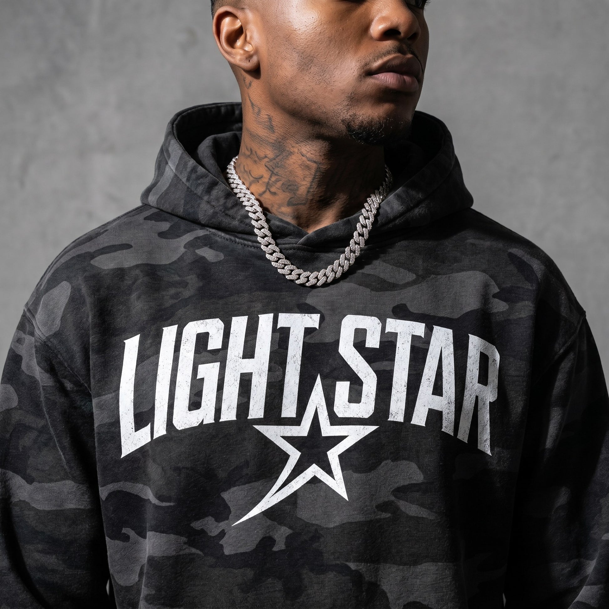 Camo Star Pullover Hoodie — Light Star Washed Black detail