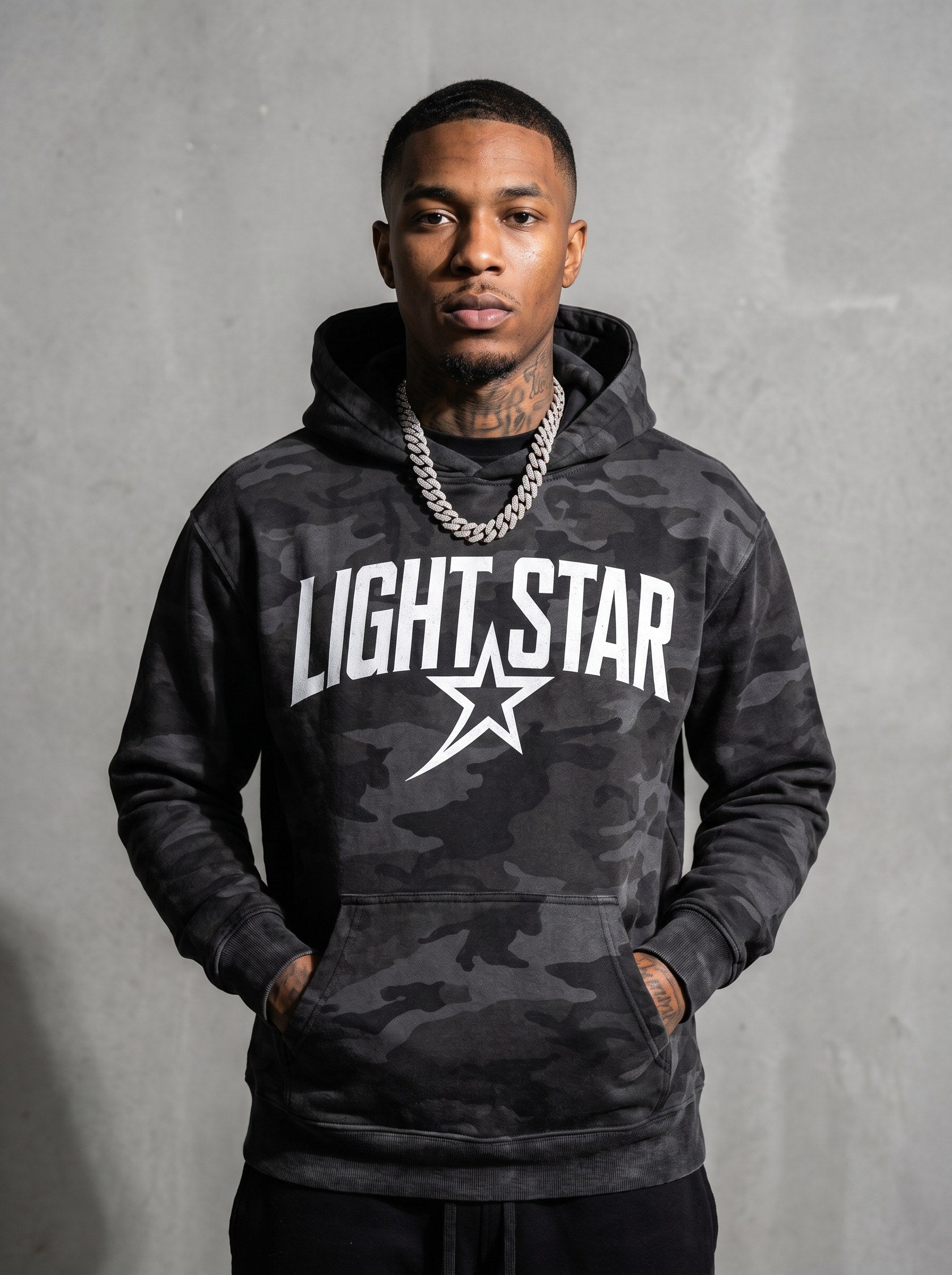 Camo Star Pullover Hoodie — Light Star Washed Black