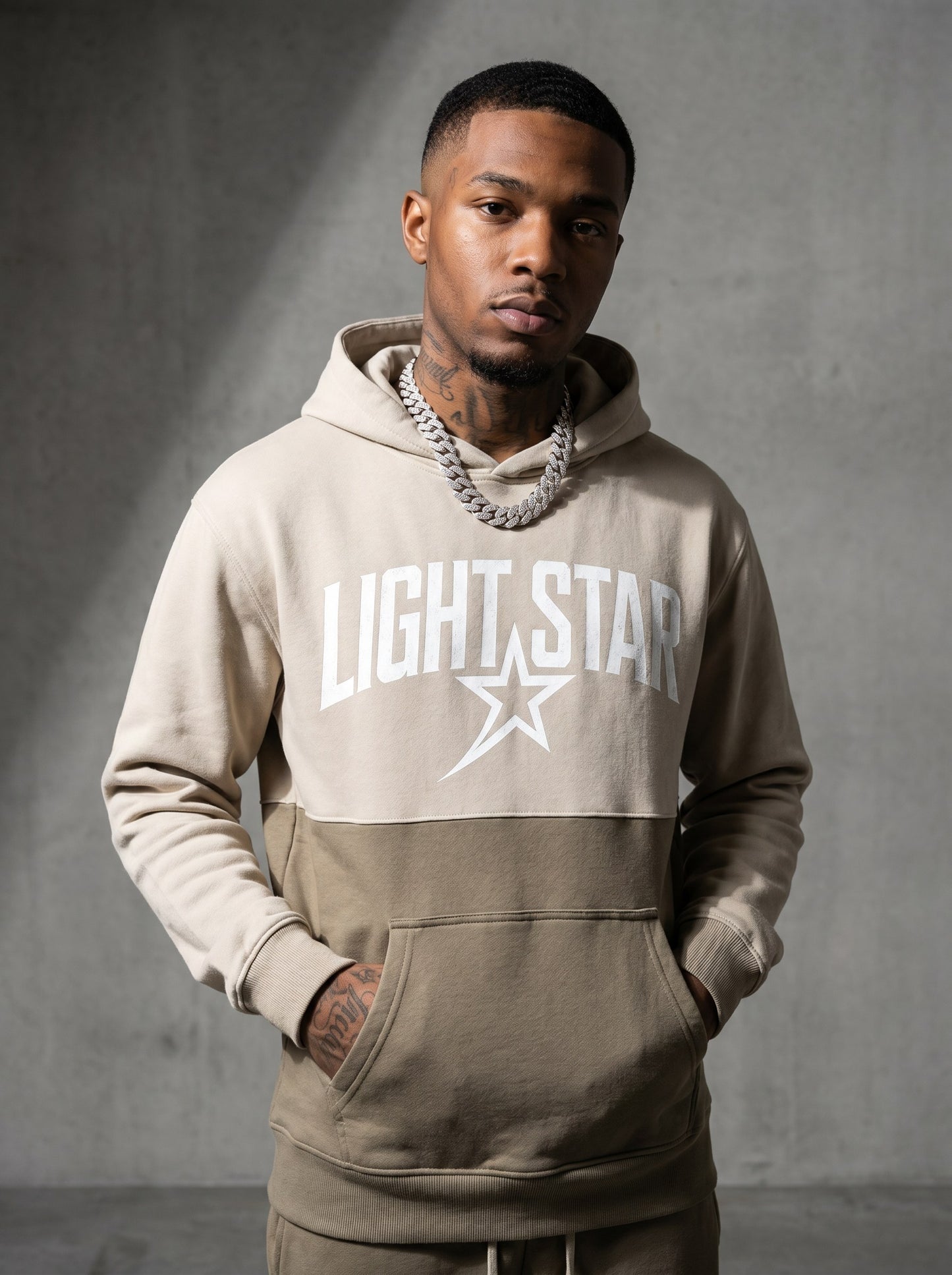 Color Block Half Hoodie — Light Star Stone Khaki