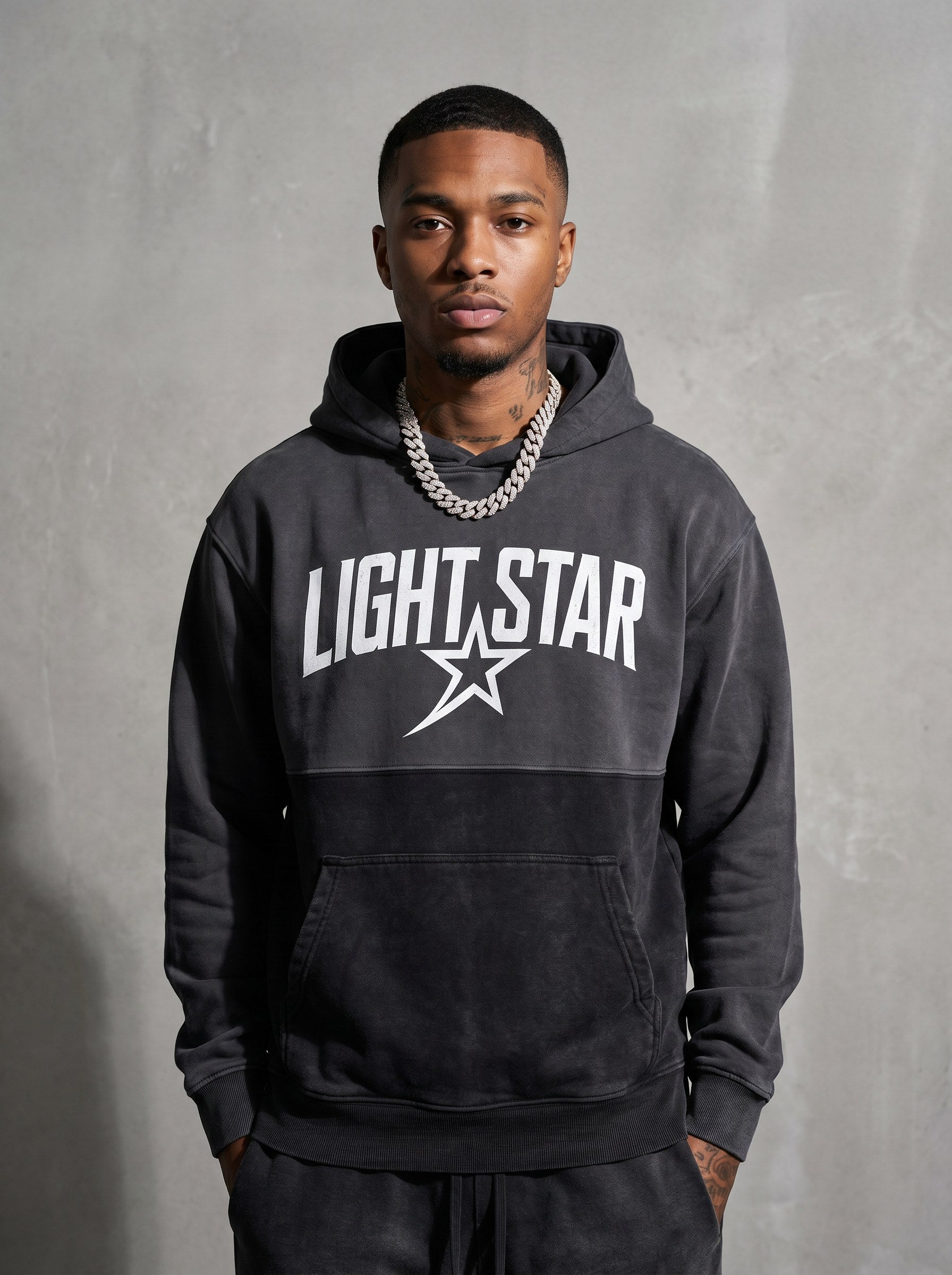 Color Block Half Hoodie — Light Star Washed Black
