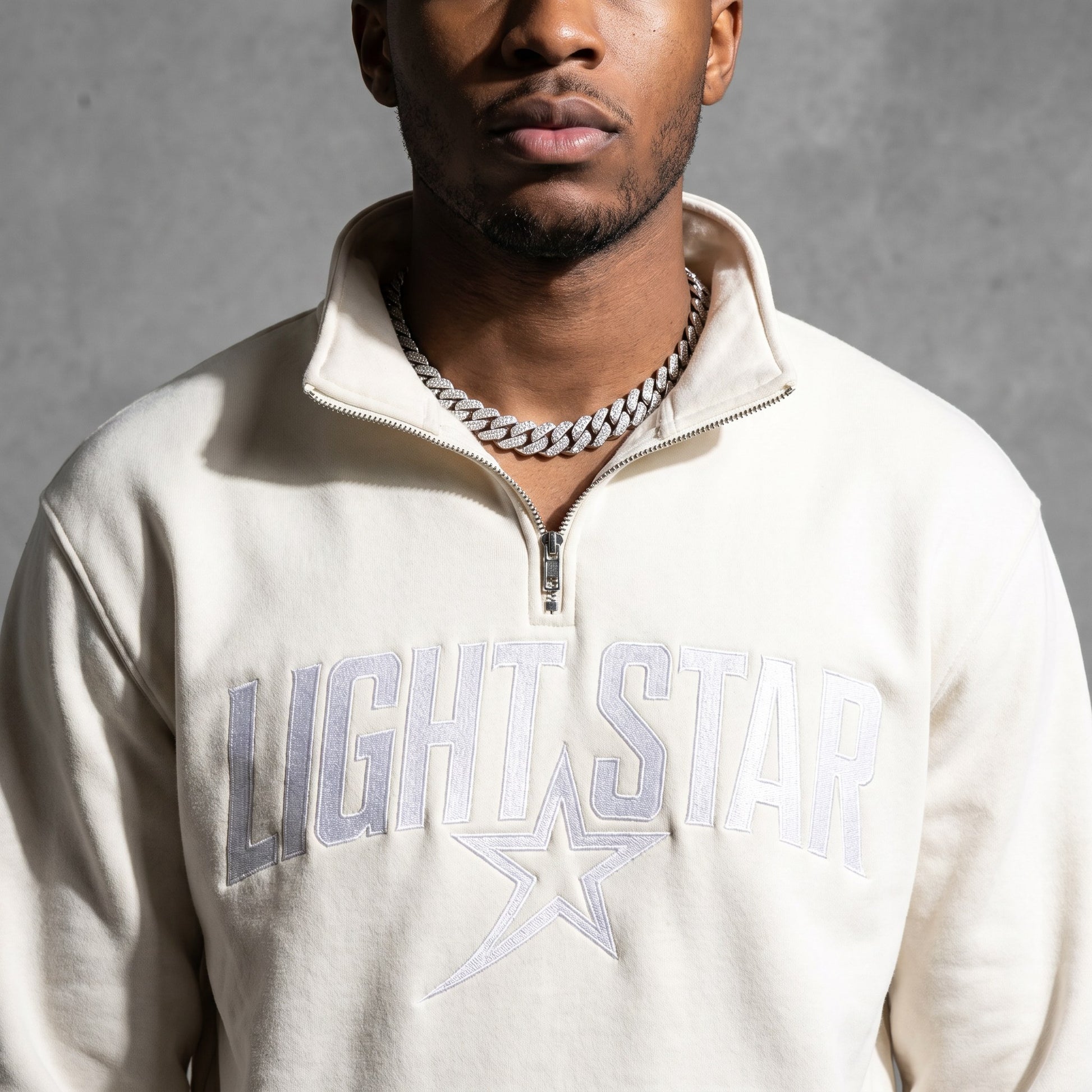 Half-Zip Mock Neck Hoodie — Light Star Bone White detail