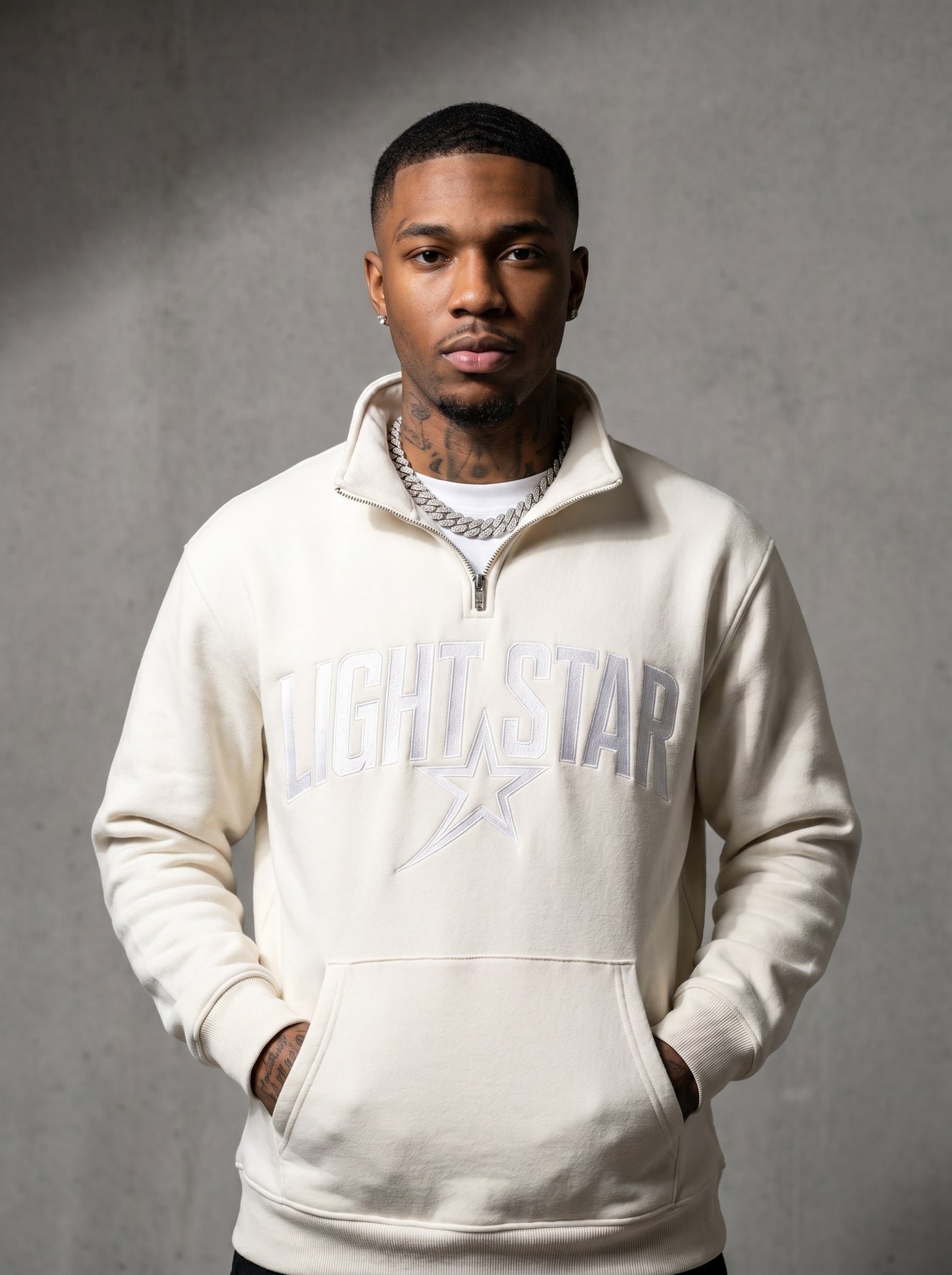 Half-Zip Mock Neck Hoodie — Light Star Bone White