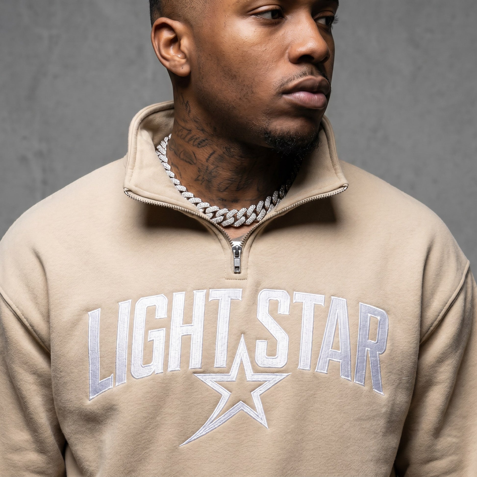 Half-Zip Mock Neck Hoodie — Light Star Desert Sand detail