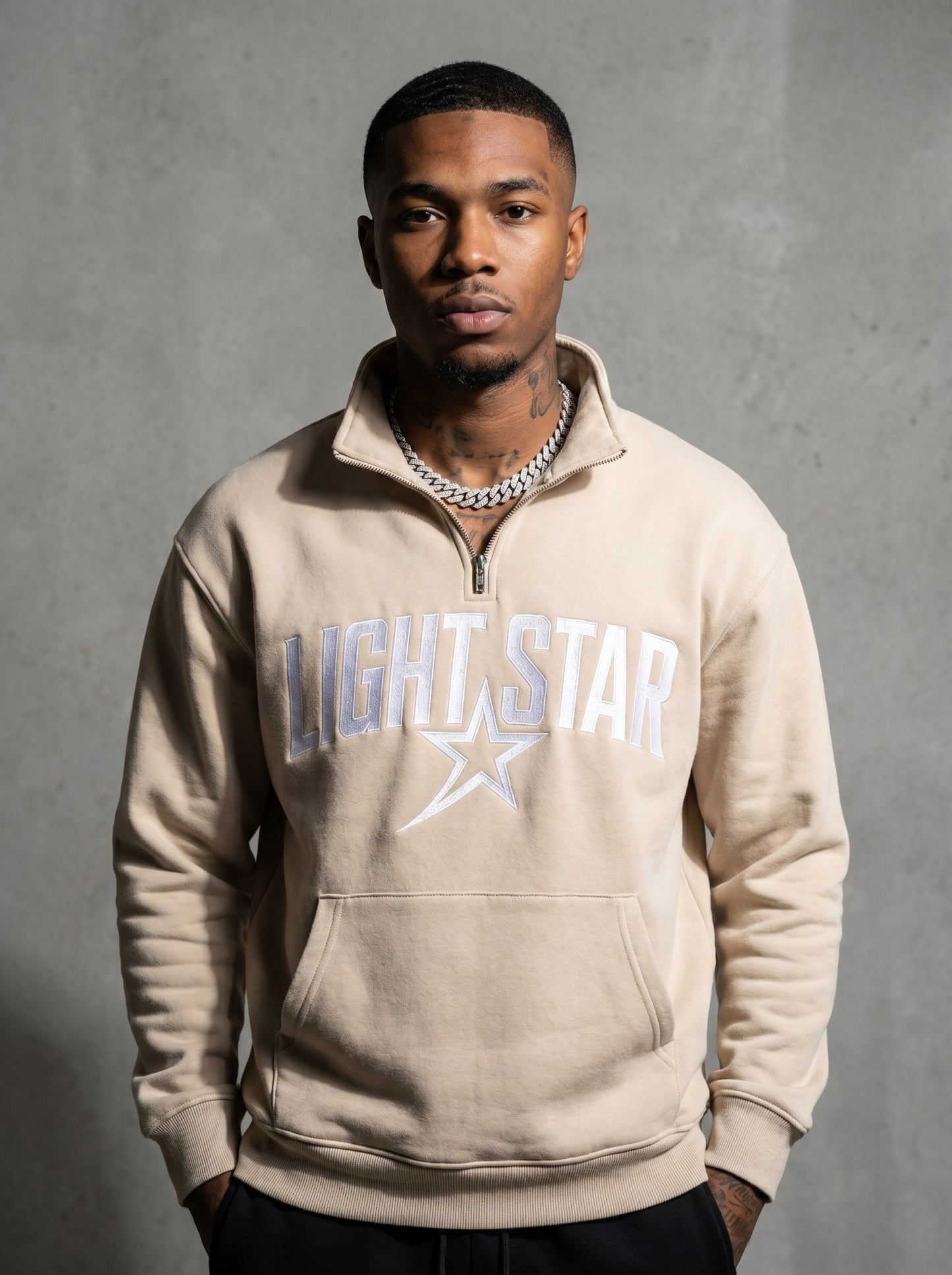 Half-Zip Mock Neck Hoodie — Light Star Desert Sand