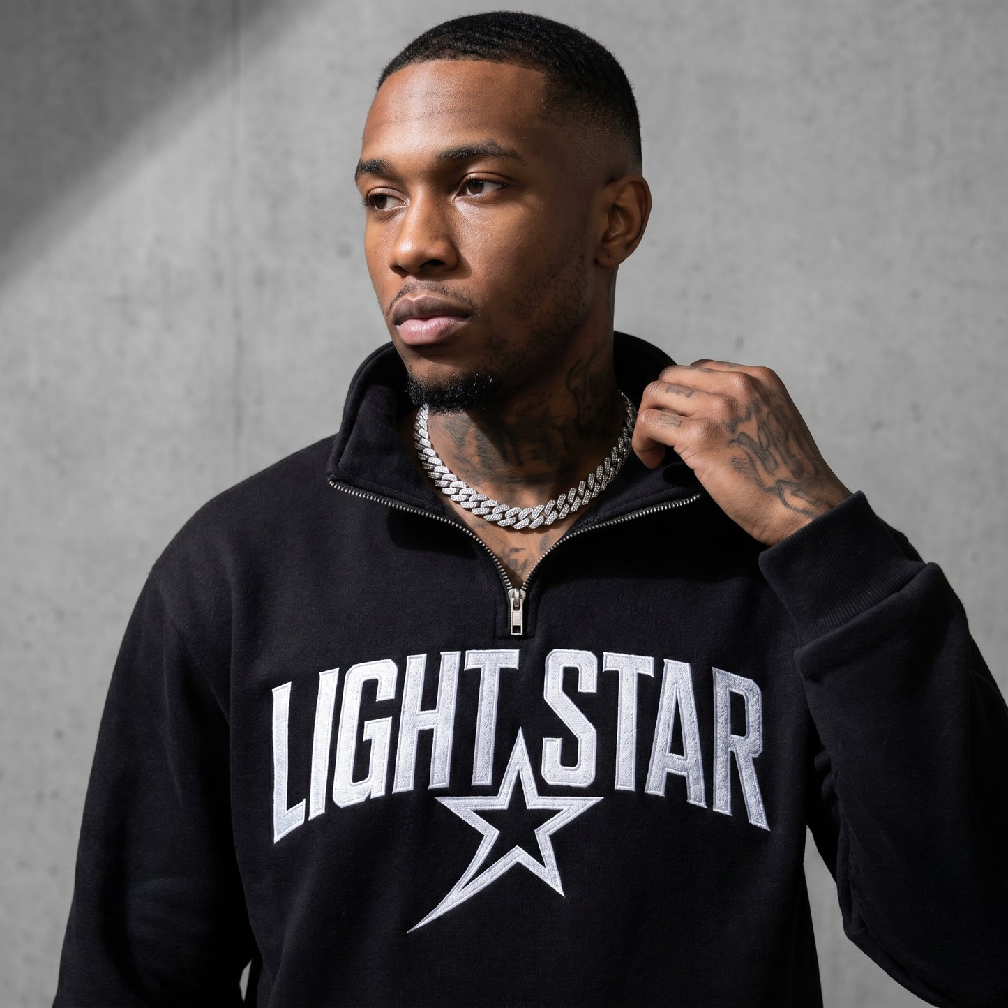 Half-Zip Mock Neck Hoodie — Light Star Jet Black detail