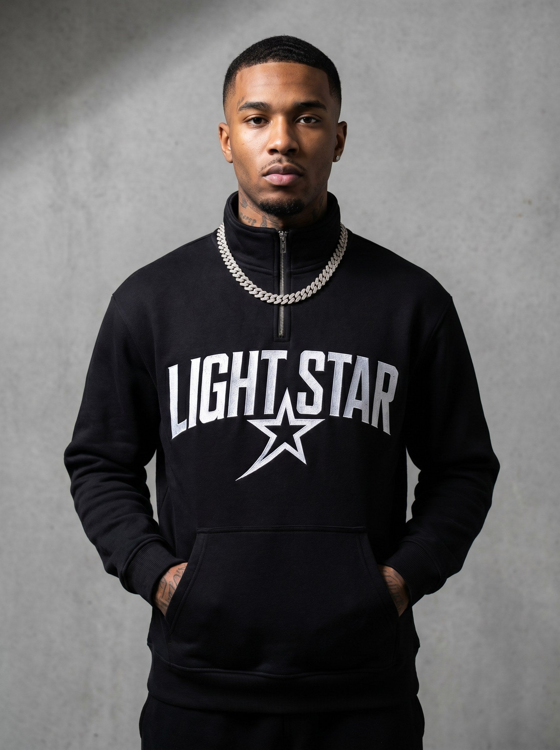 Half-Zip Mock Neck Hoodie — Light Star Jet Black