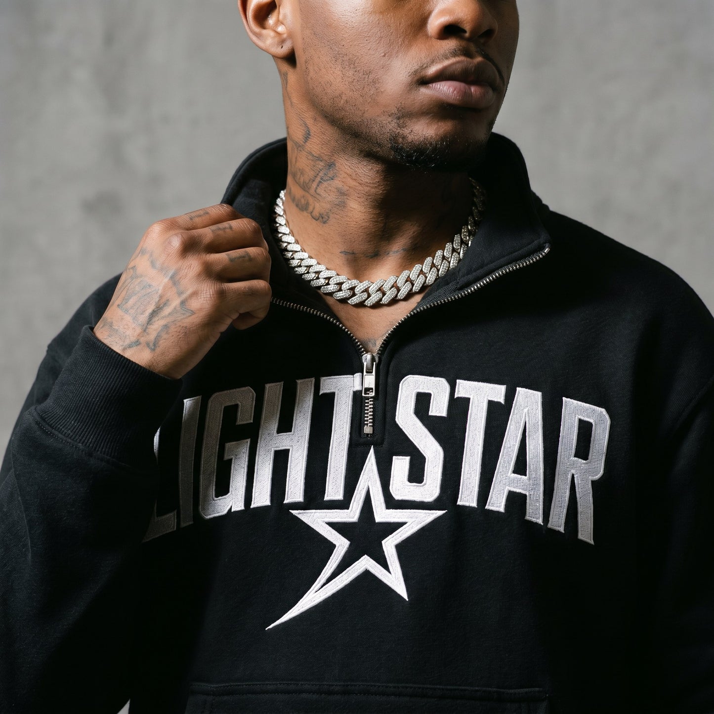 Half-Zip Mock Neck Hoodie — Light Star Vintage Black detail