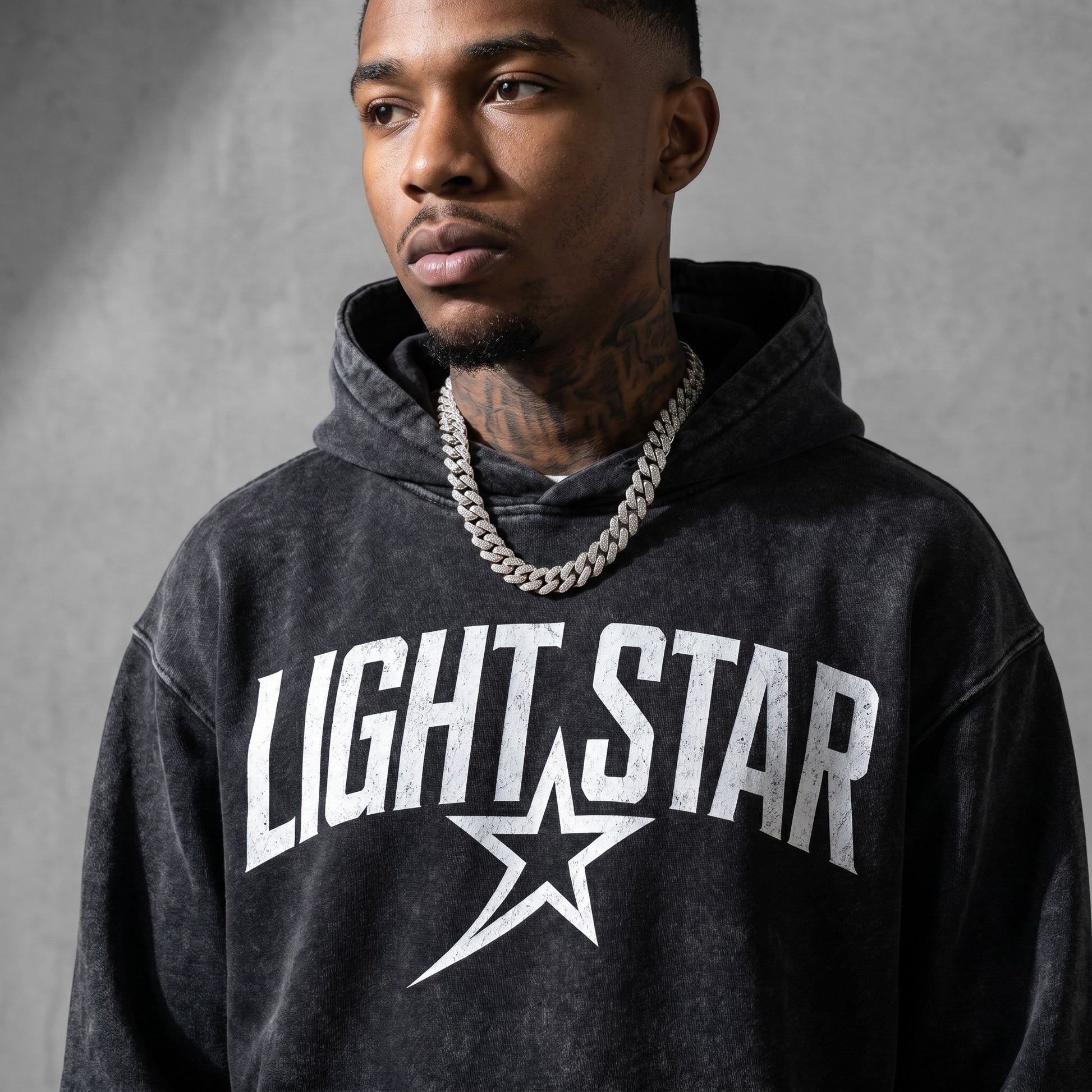 Heavyweight Acid Wash Hoodie — Light Star Washed Black detail