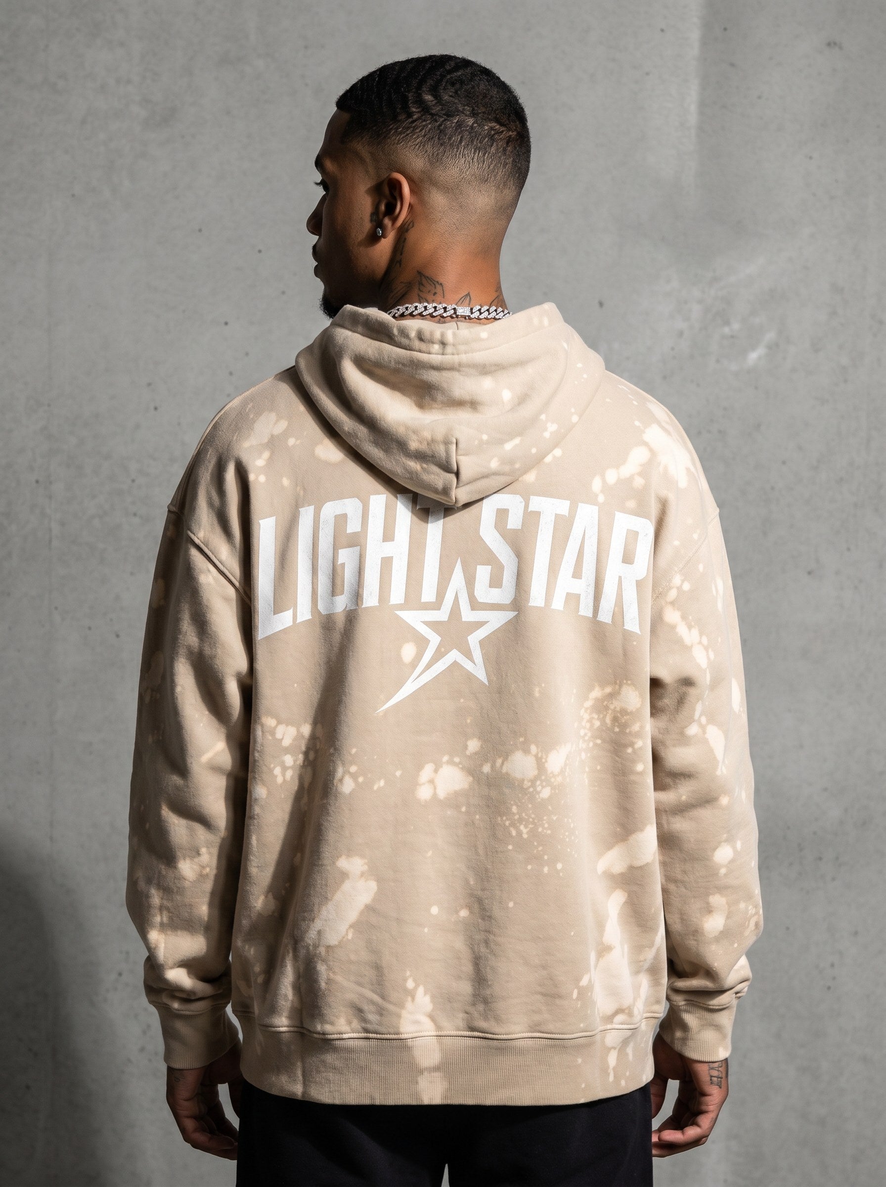 Oversized Bleach Splatter Hoodie — Light Star Desert Sand back