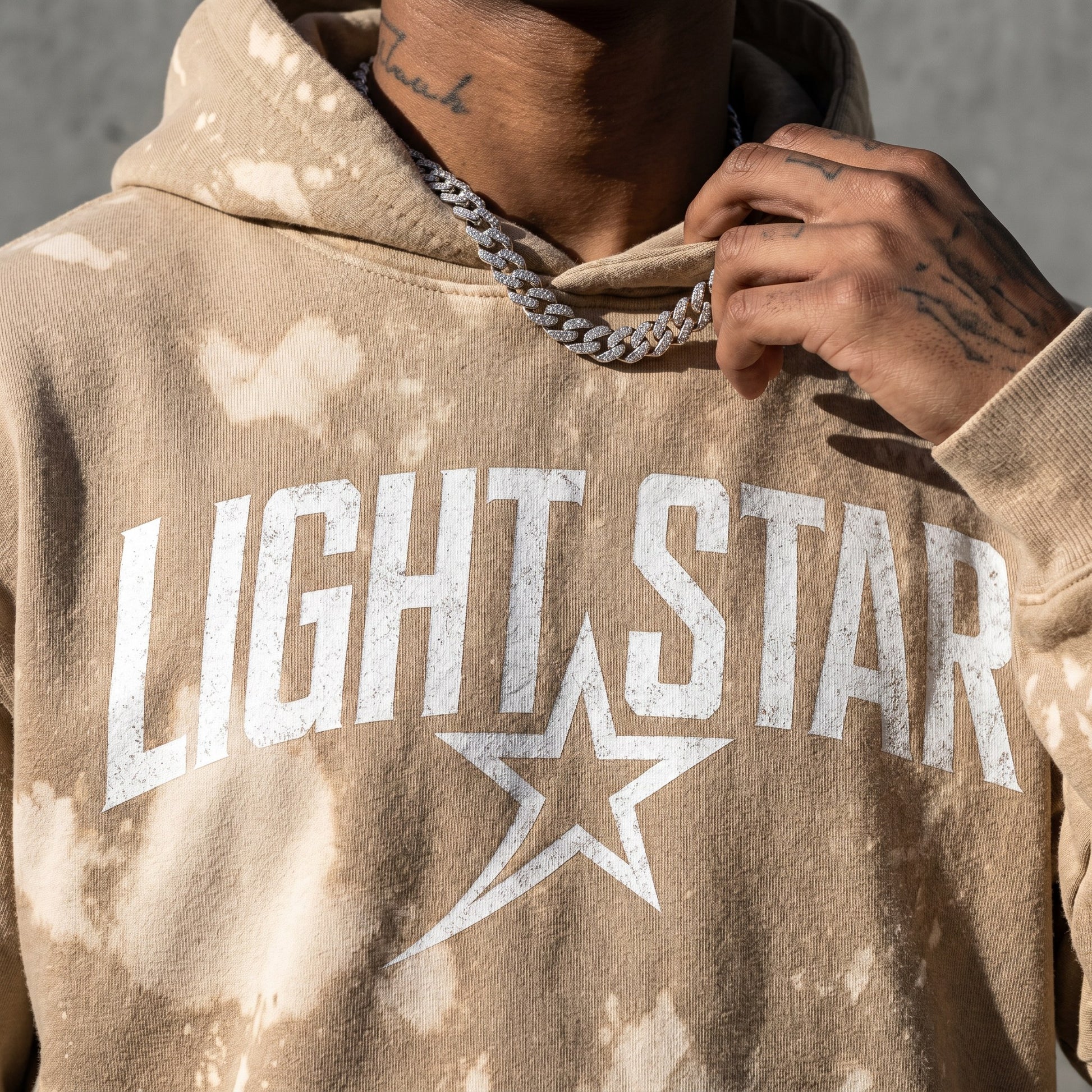 Oversized Bleach Splatter Hoodie — Light Star Desert Sand detail