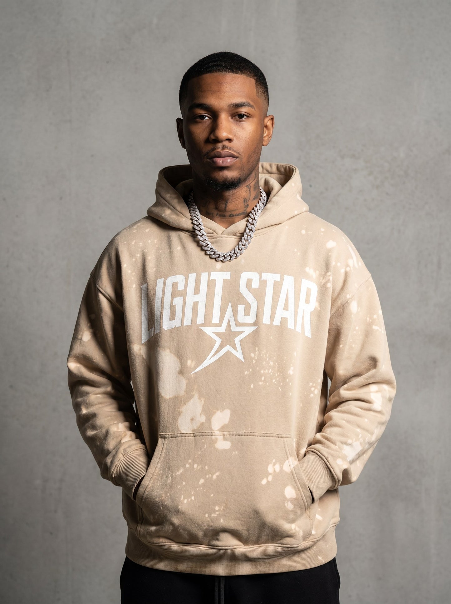 Oversized Bleach Splatter Hoodie — Light Star Desert Sand