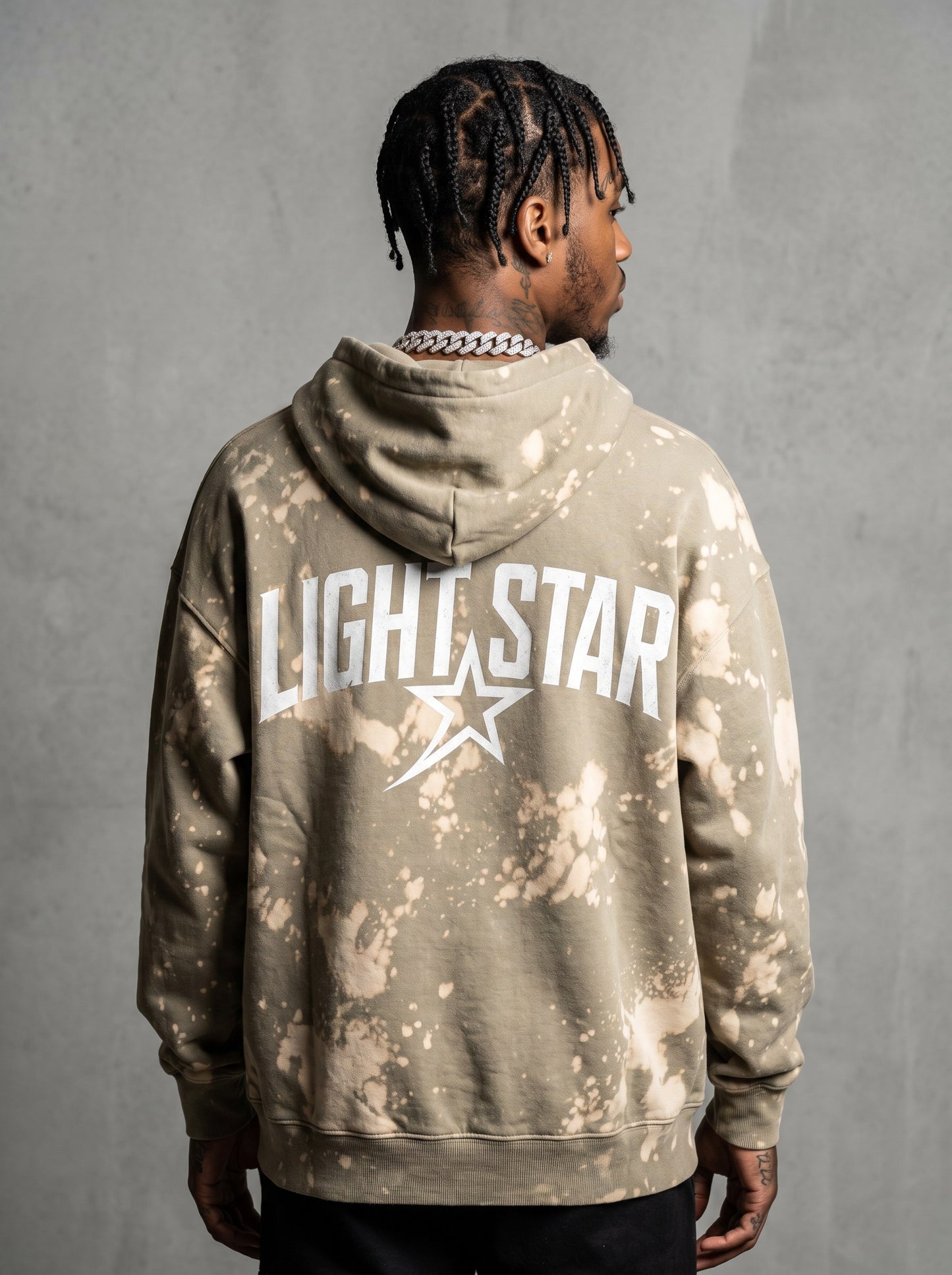 Oversized Bleach Splatter Hoodie — Light Star Stone Khaki back