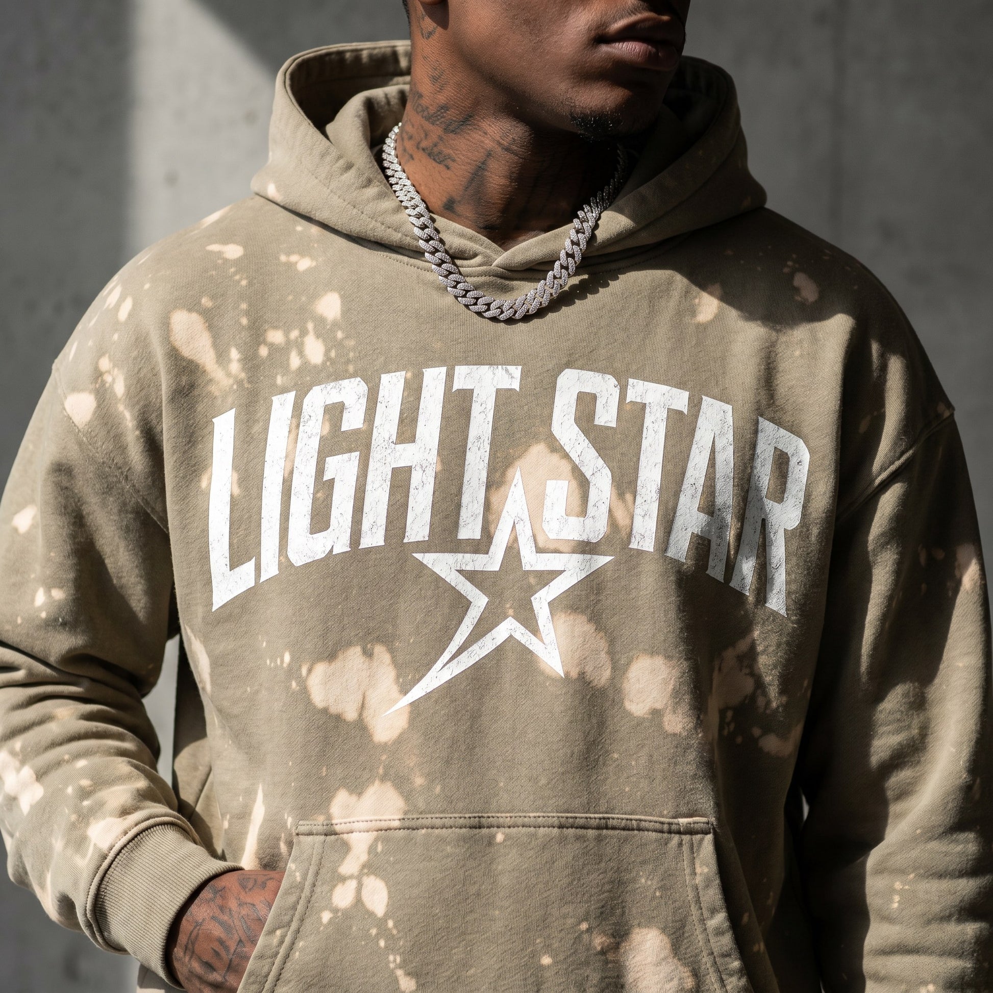 Oversized Bleach Splatter Hoodie — Light Star Stone Khaki detail
