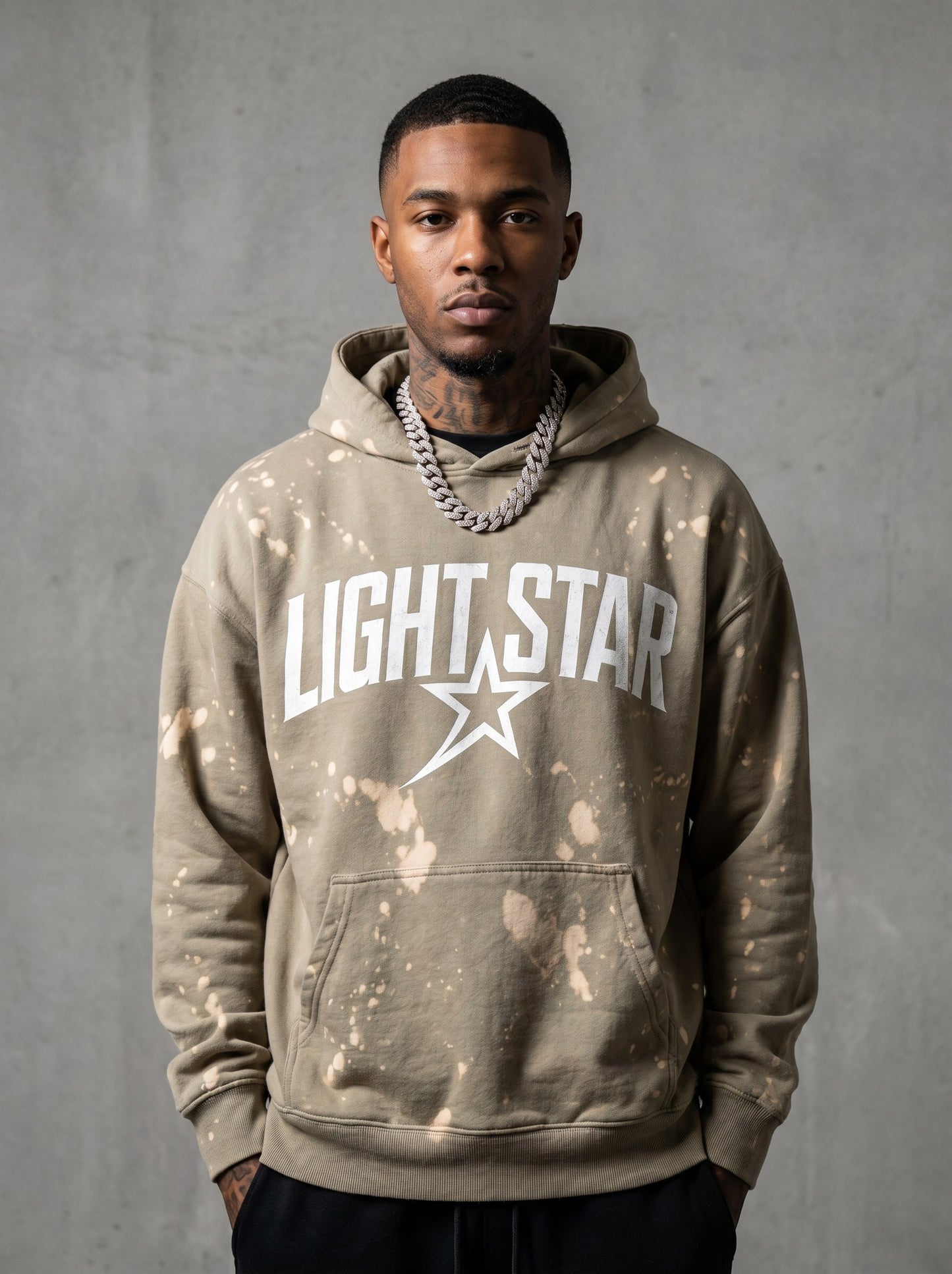 Oversized Bleach Splatter Hoodie — Light Star Stone Khaki