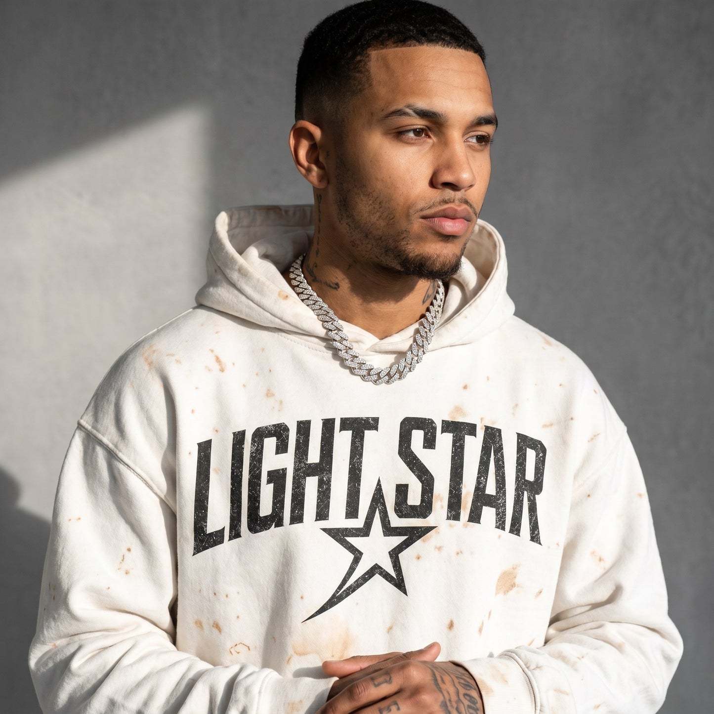 Oversized Bleach Splatter Hoodie — Light Star Vintage White detail