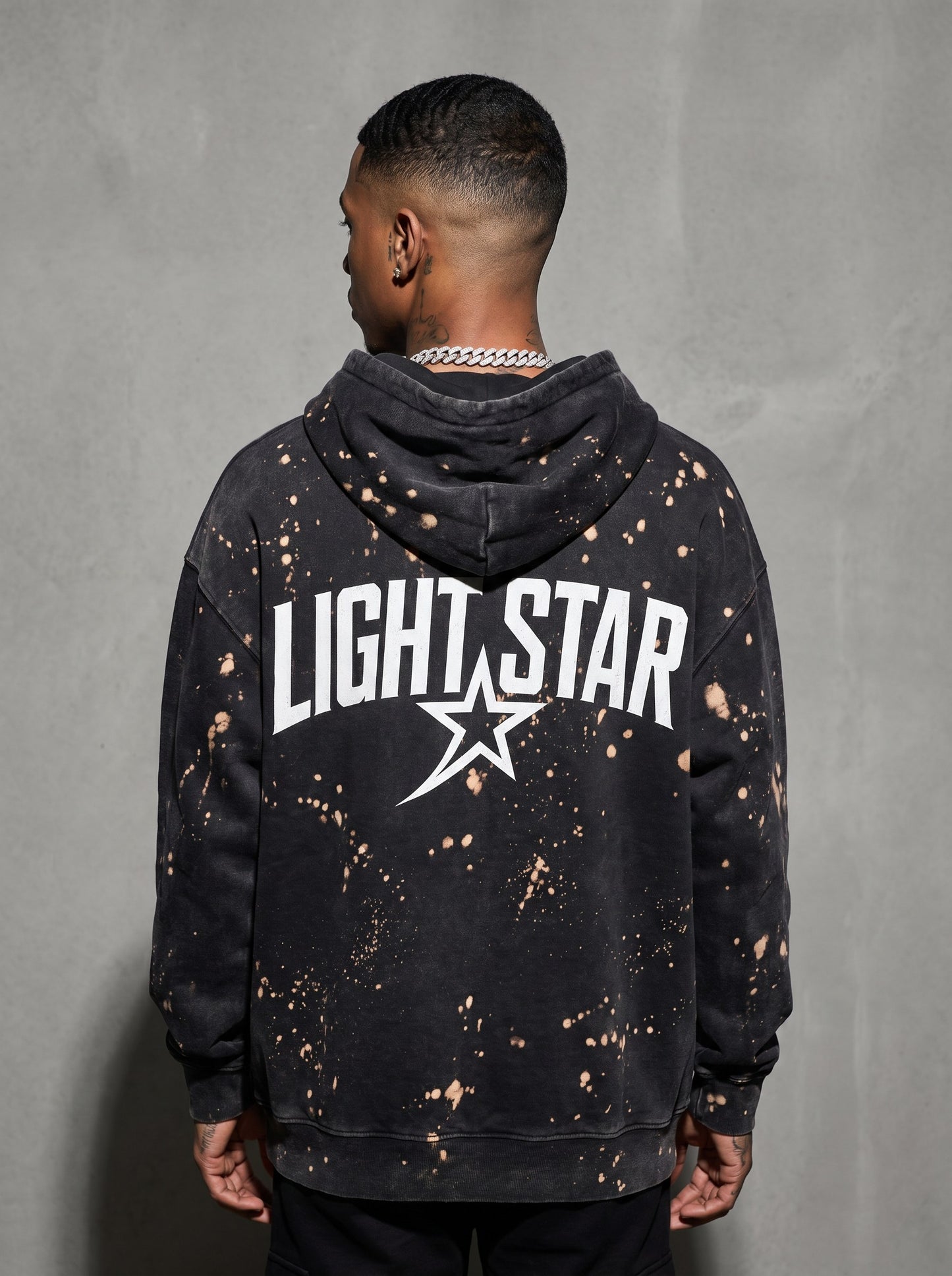 Oversized Bleach Splatter Hoodie — Light Star Washed Black back