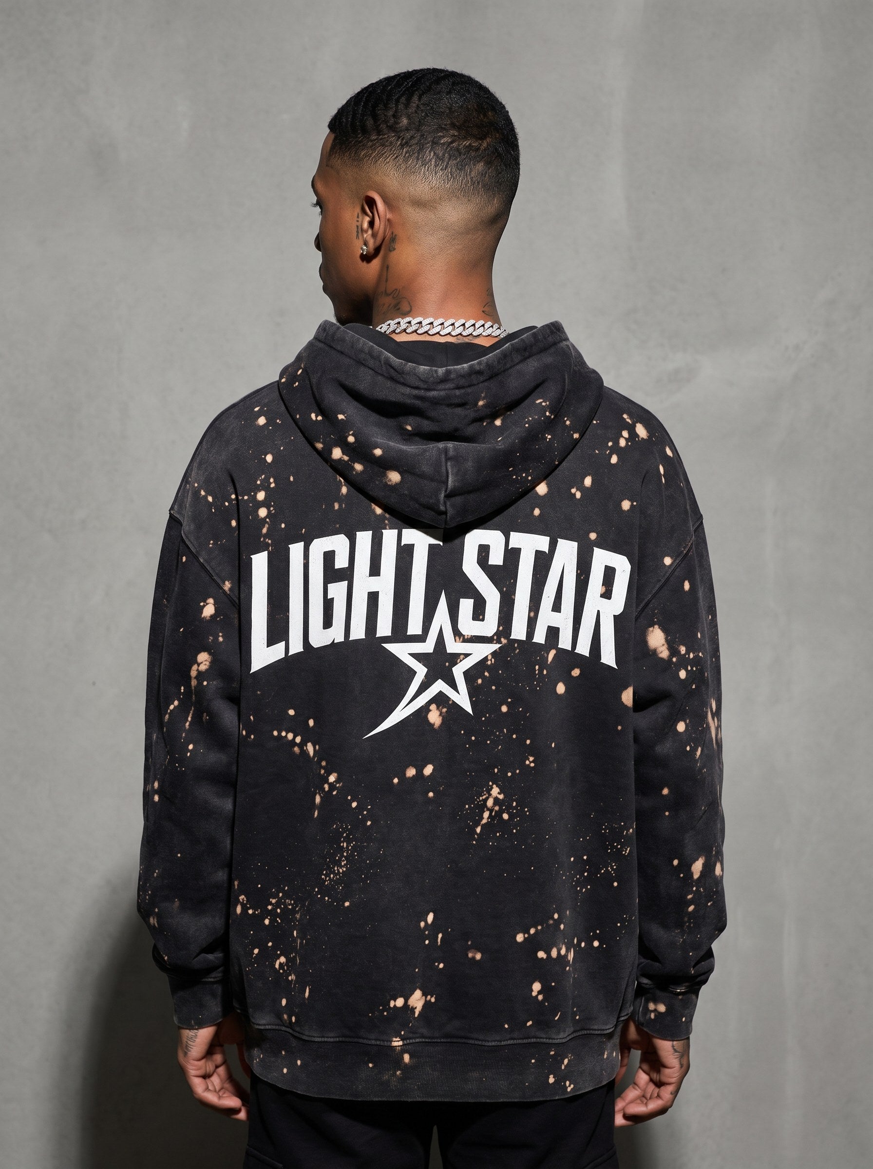 Oversized Bleach Splatter Hoodie — Light Star Washed Black back