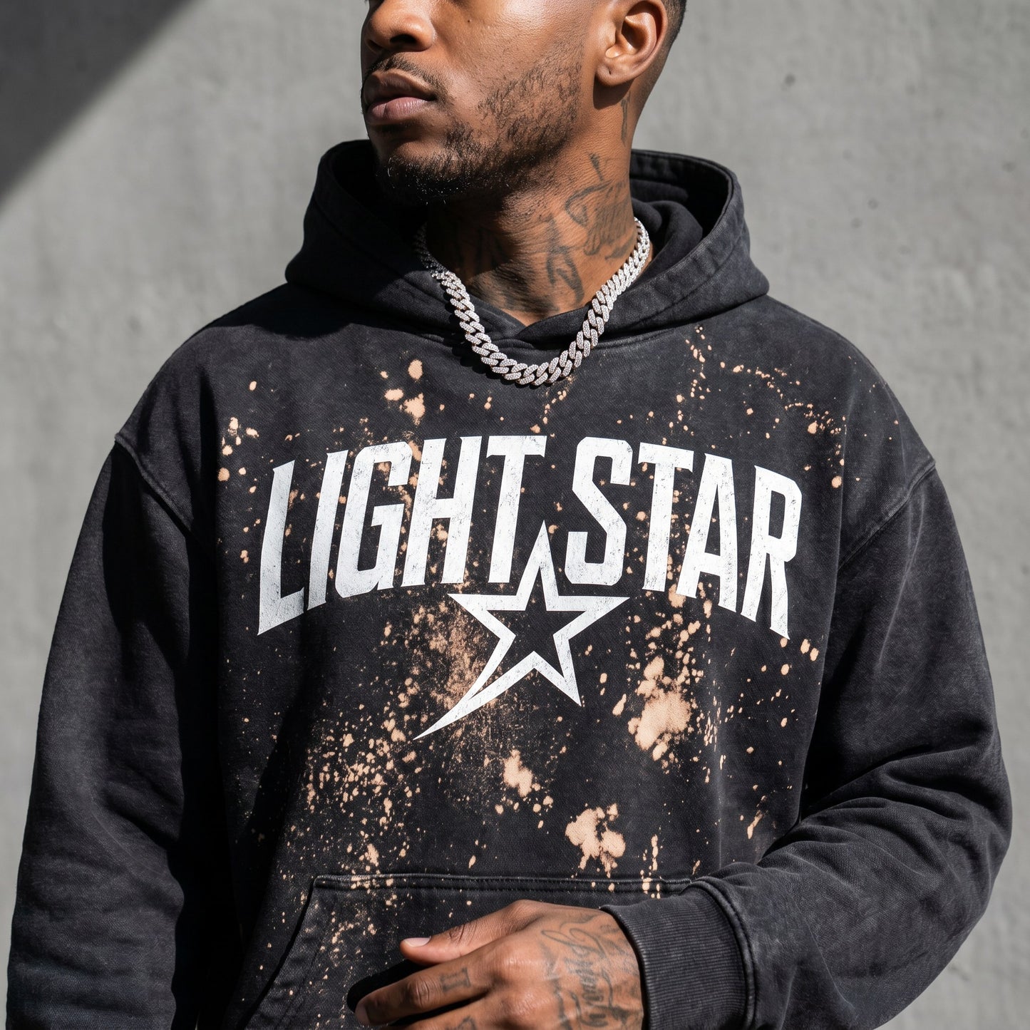 Oversized Bleach Splatter Hoodie — Light Star Washed Black detail