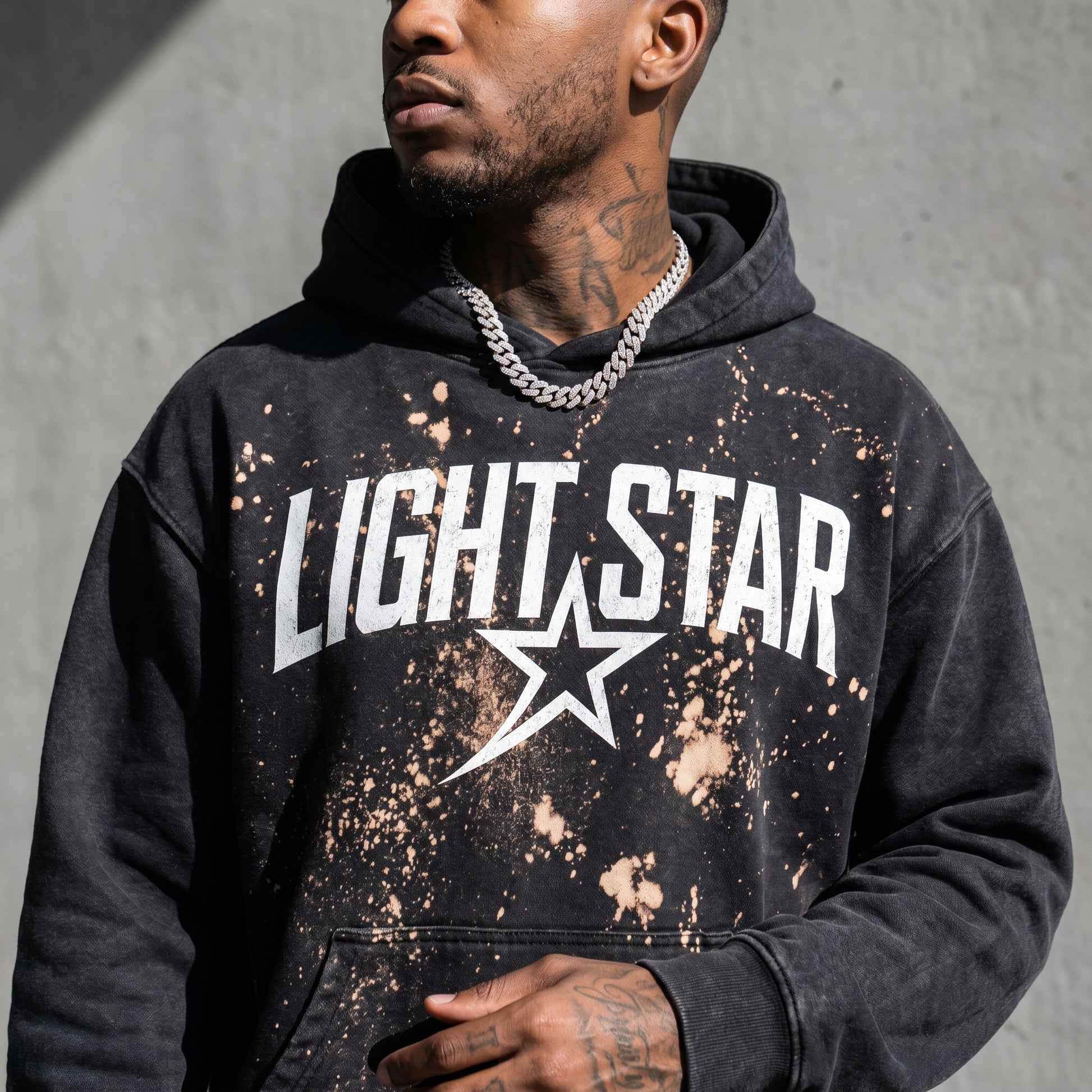 Oversized Bleach Splatter Hoodie — Light Star Washed Black detail