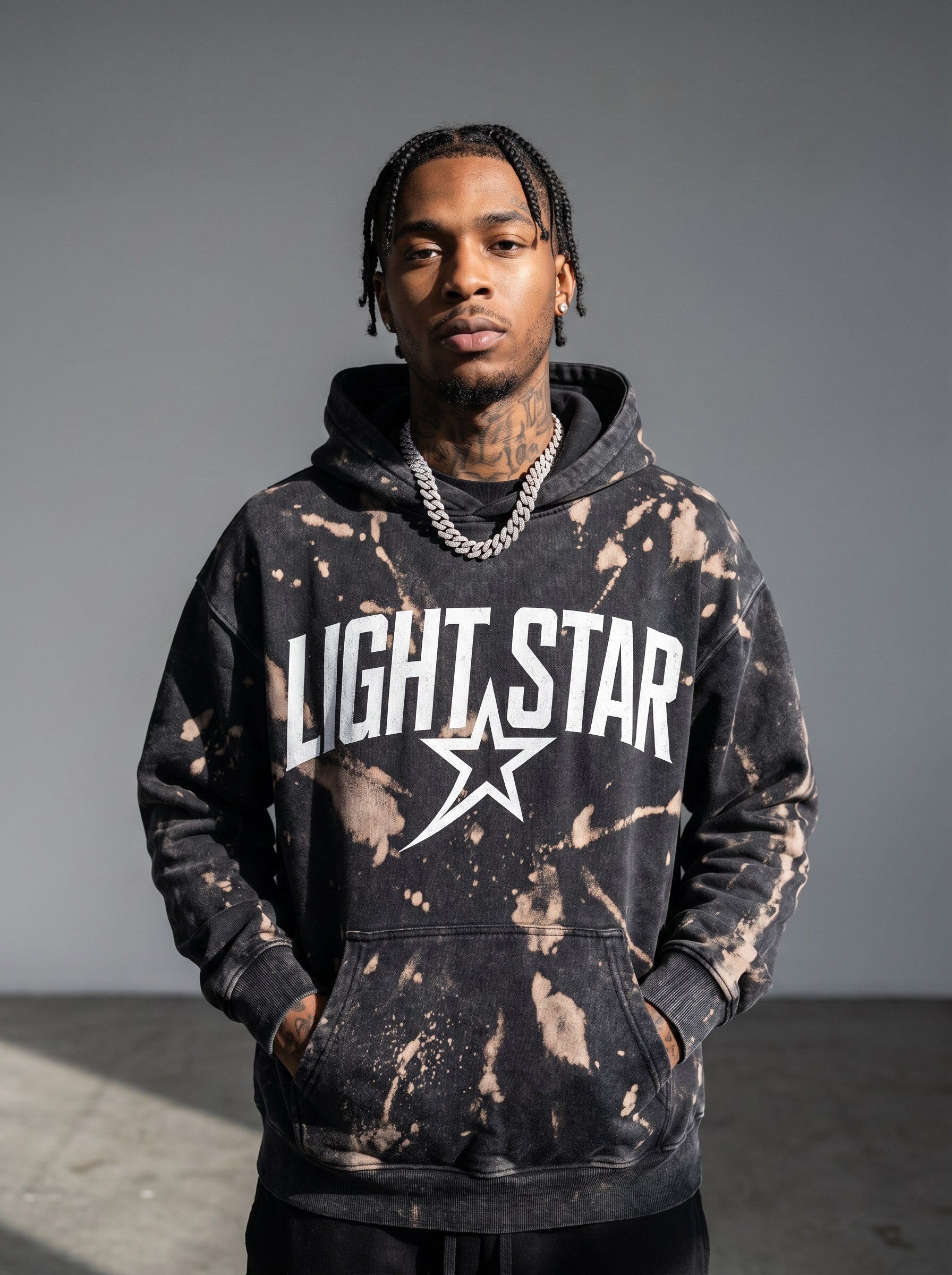Oversized Bleach Splatter Hoodie — Light Star Washed Black