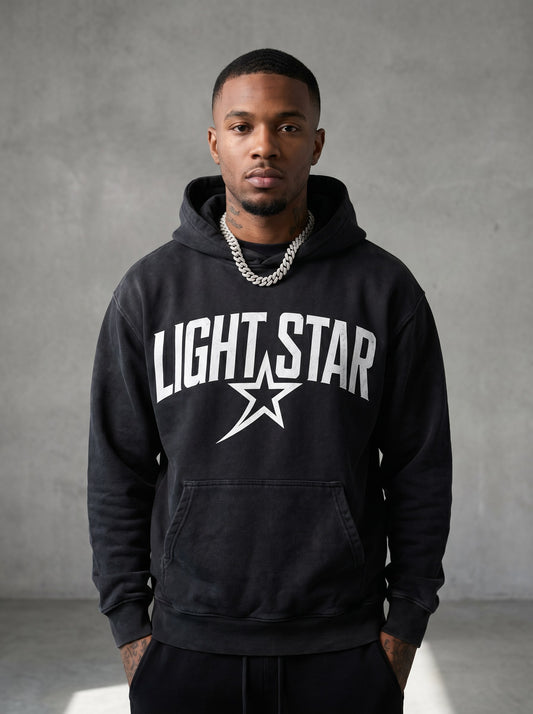 Pigment Dye Star Hoodie — Light Star Washed Black