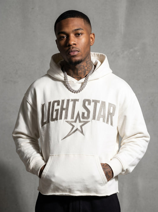 Star Embroidery Cropped Hoodie — Light Star Vintage White