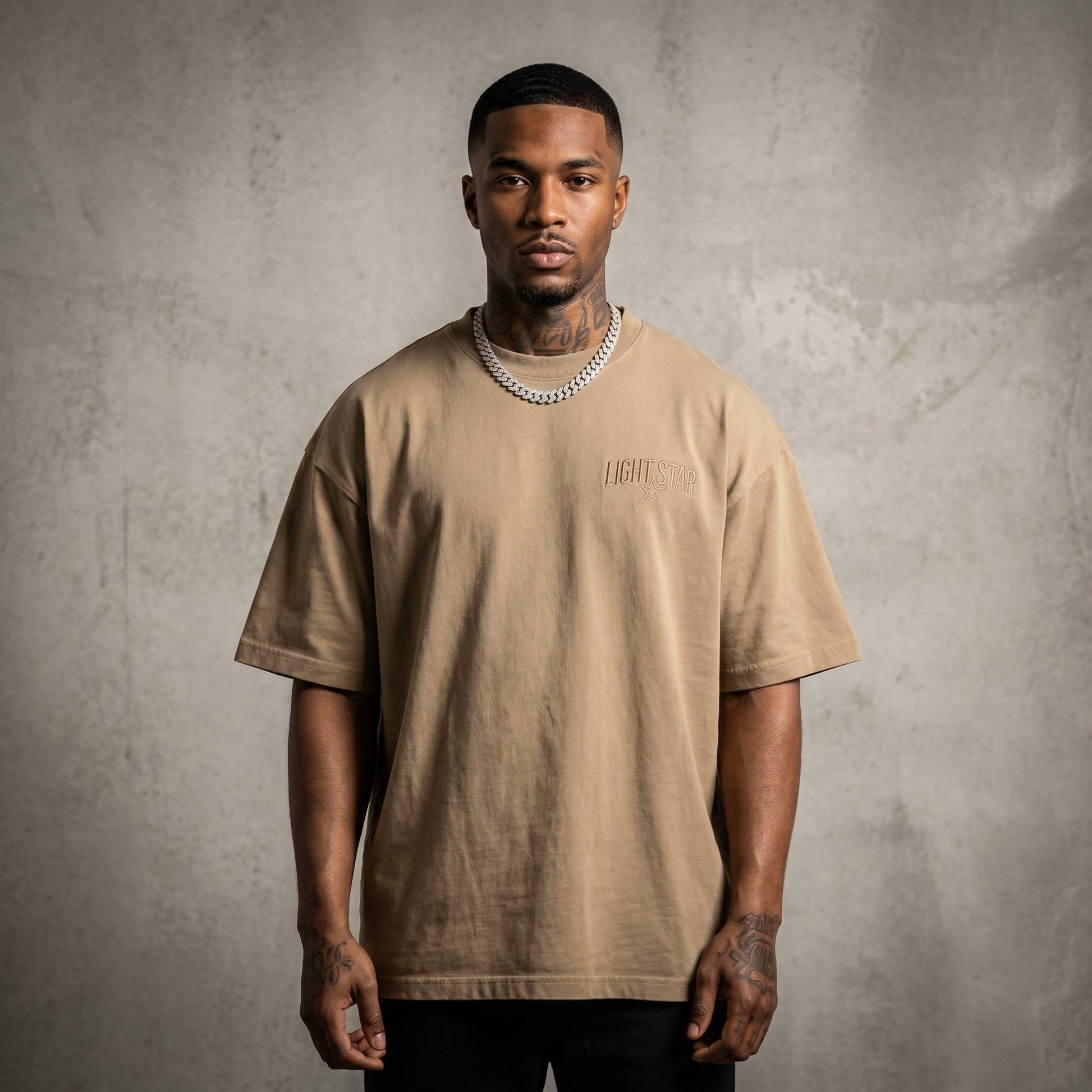 Distressed Logo Heavy Tee Stone Khaki front