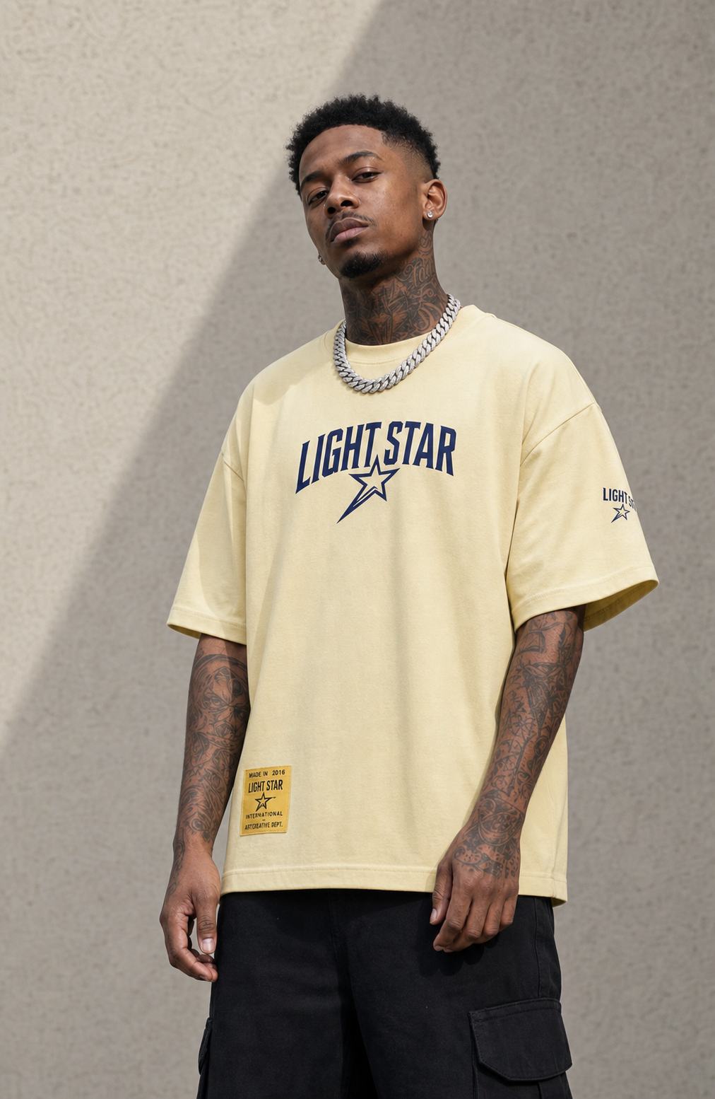 Globe Tee Pale Yellow / Navy front