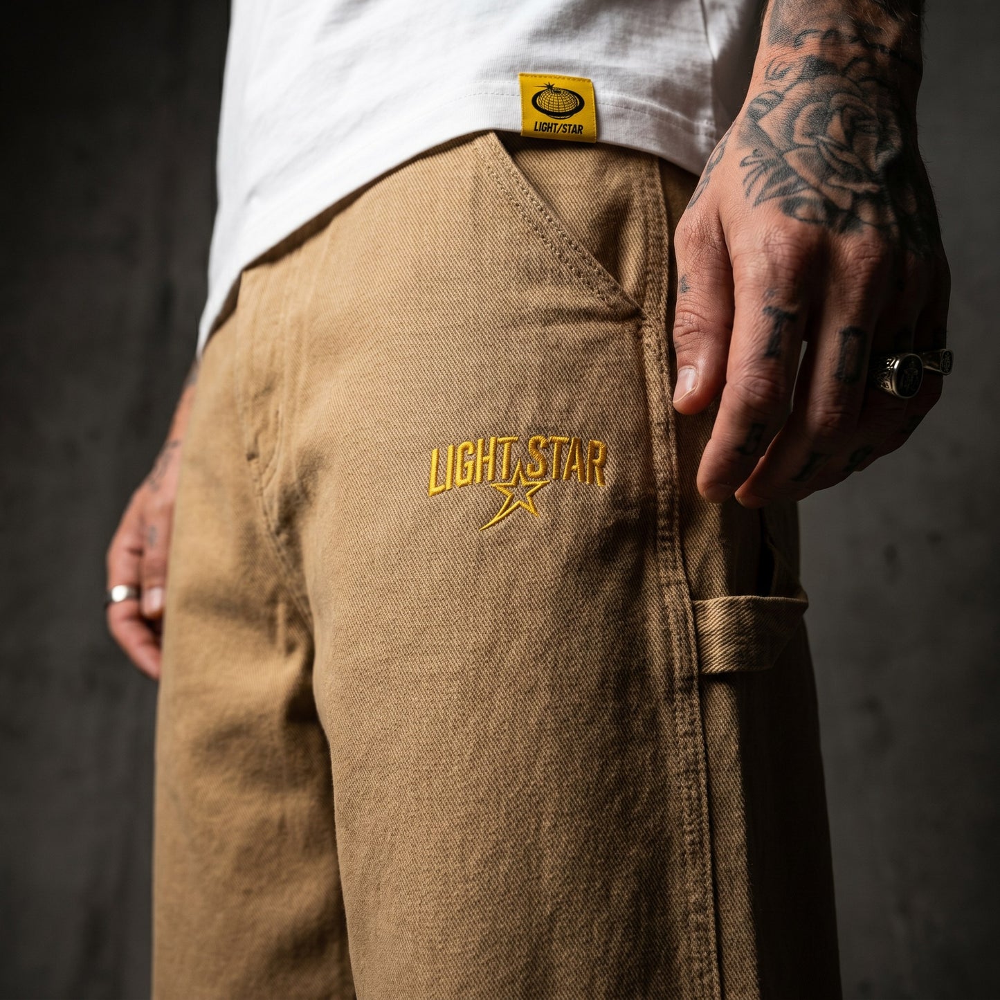 LS Embroidered Baggy Jean Carpenter Tan detail