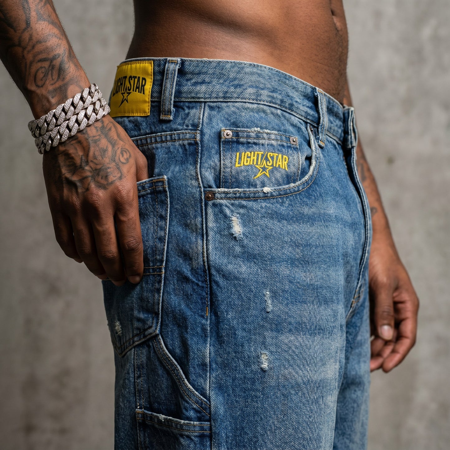 LS Embroidered Baggy Jean Vintage Blue detail