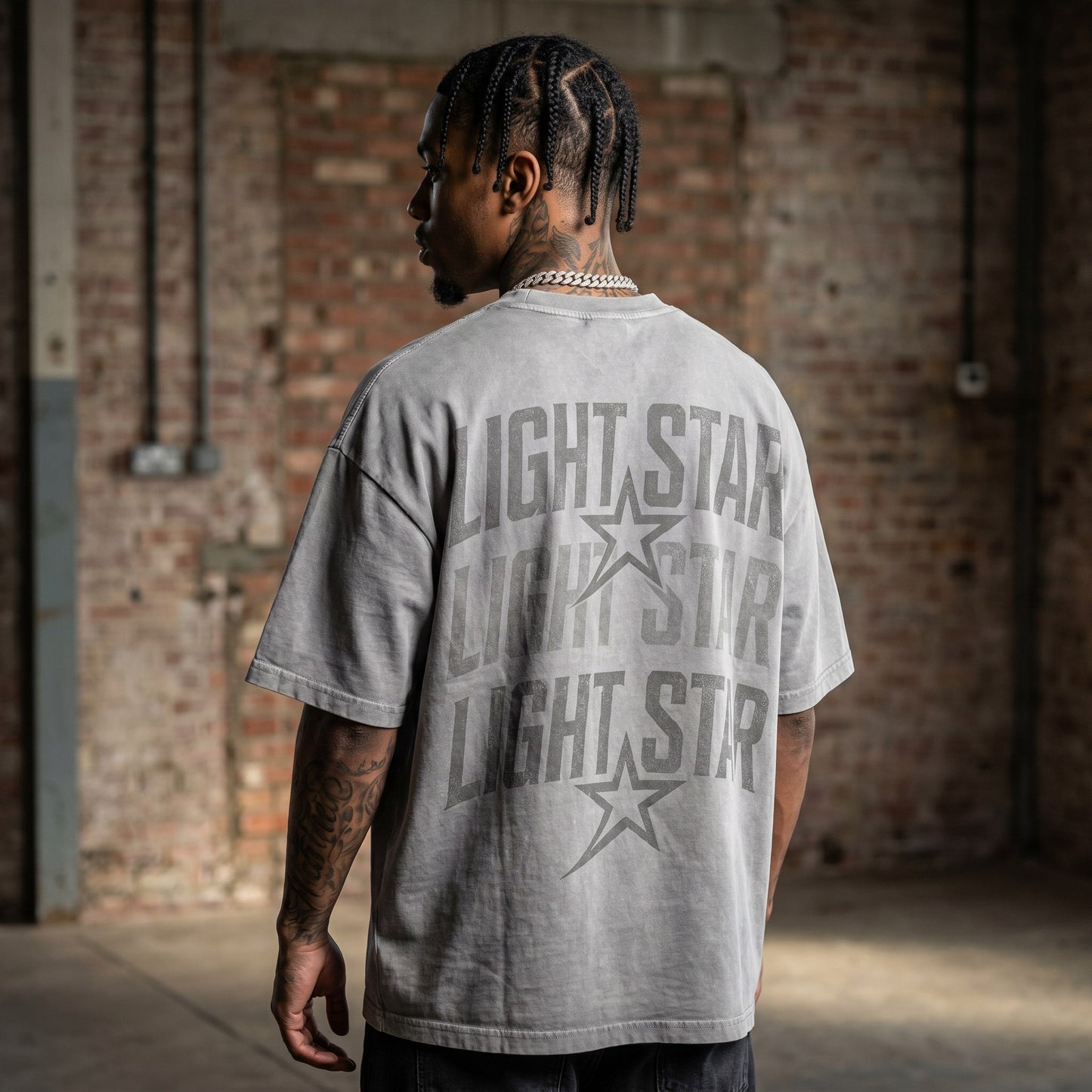 Striped Sleeve Heavy Tee Acid Wash Grey back