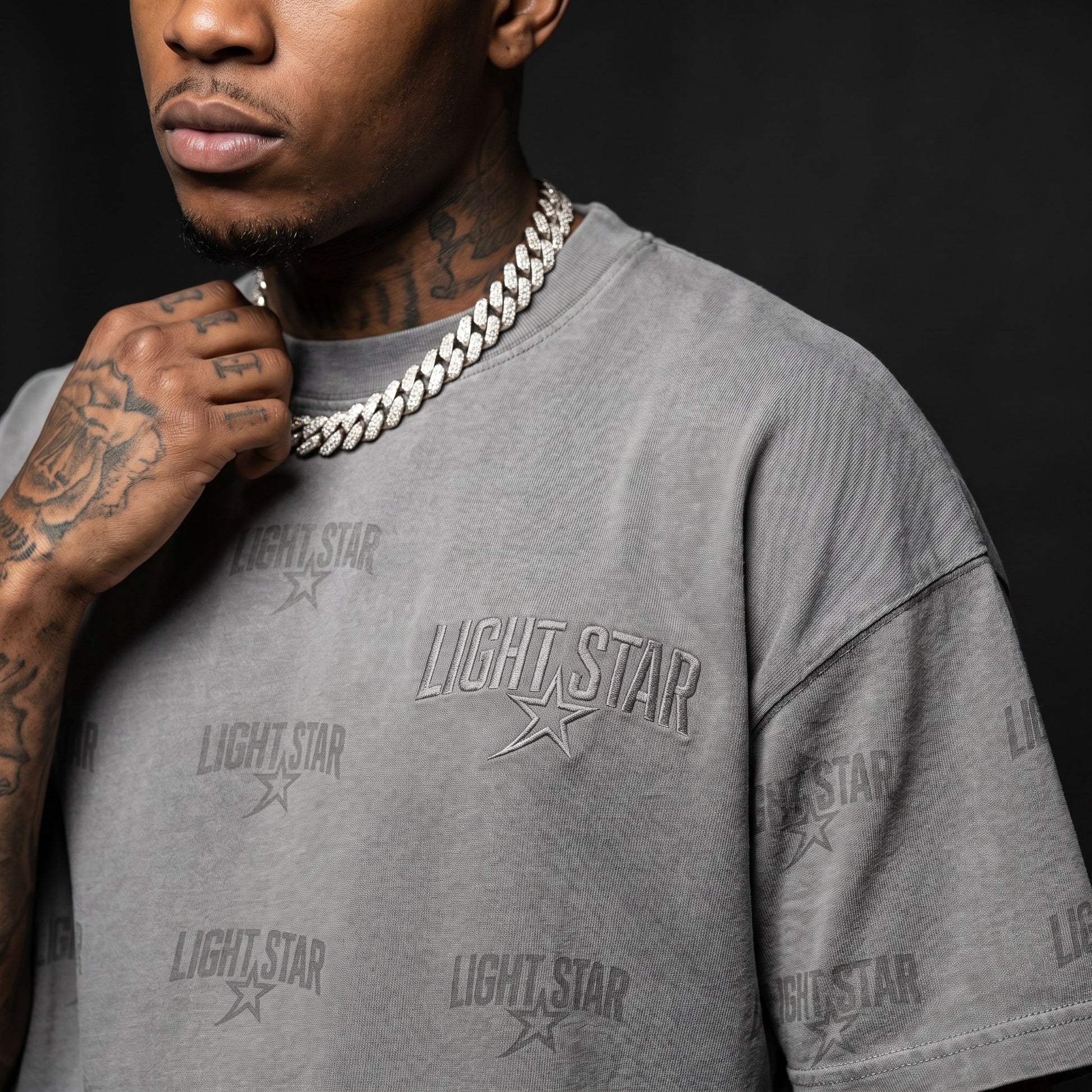Striped Sleeve Heavy Tee Acid Wash Grey detail