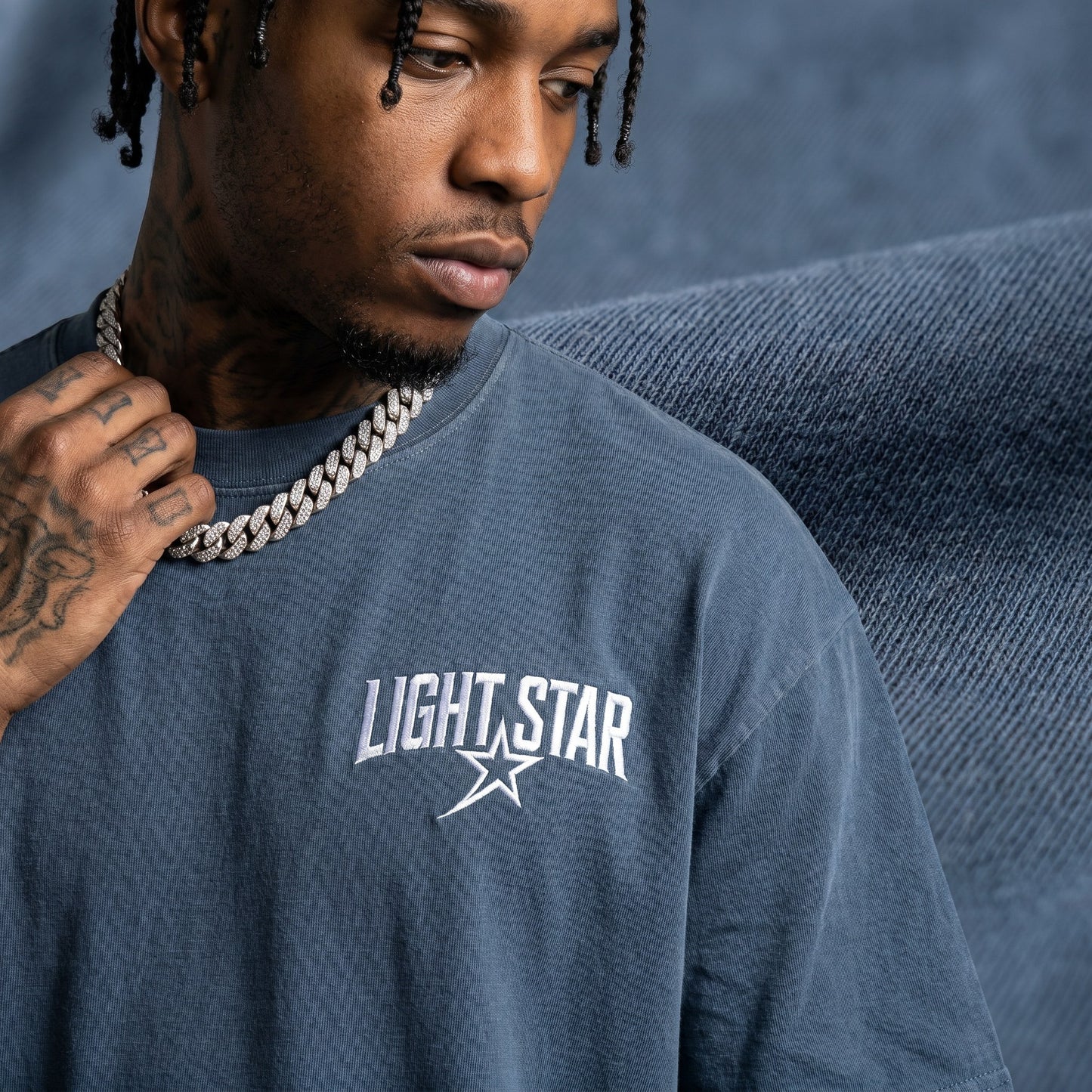 Tonal Embroidery Heavy Tee Slate Blue detail