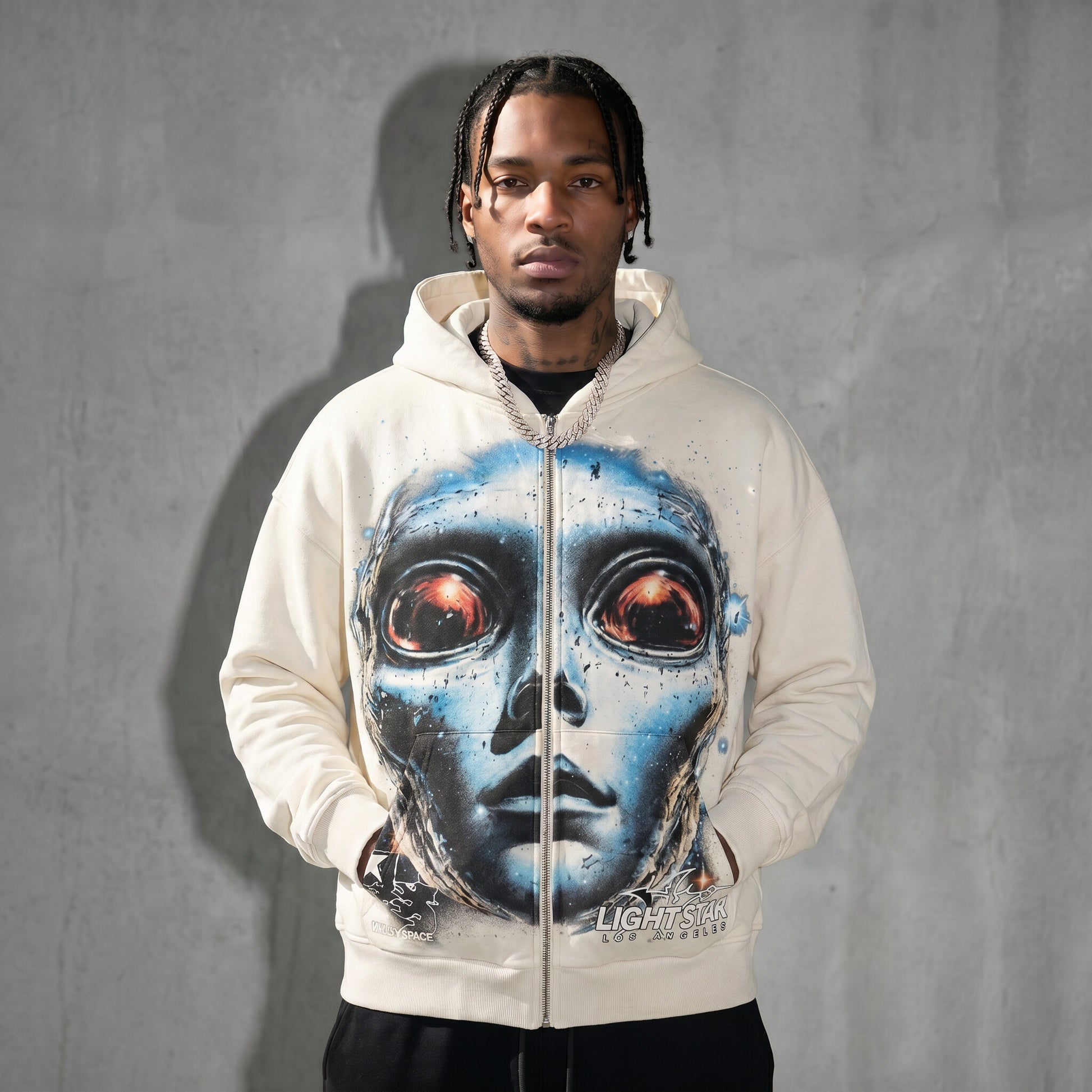 Valley Space Alien Zip Hoodie (Full Print) Bone White front