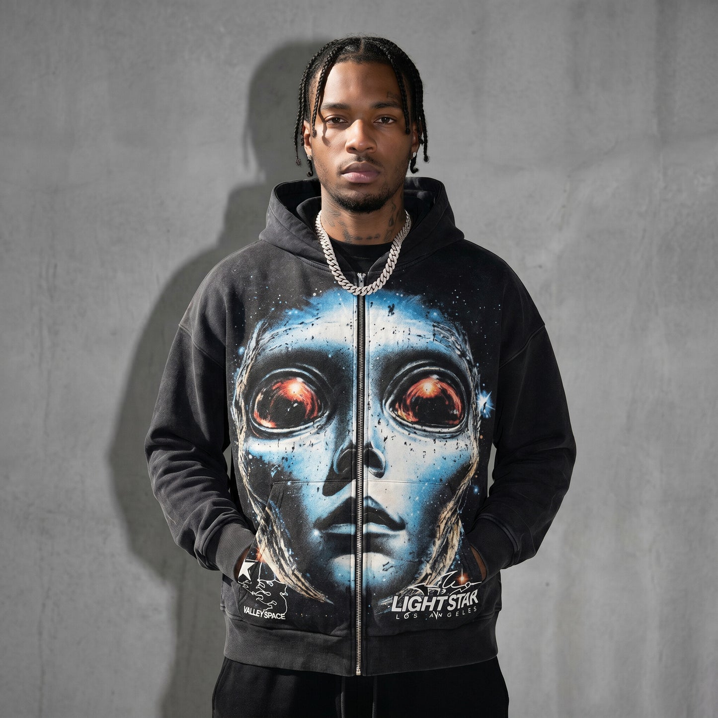Valley Space Alien Zip Hoodie (Full Print) Vintage Black front