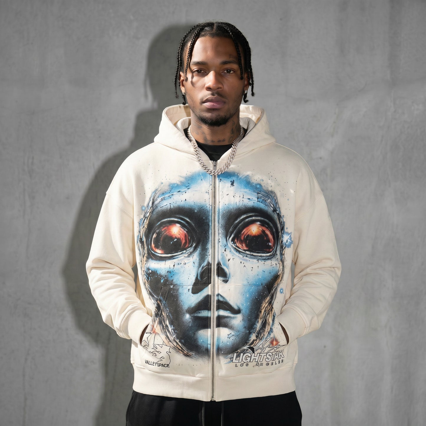 Valley Space Alien Zip Hoodie (Full Print) Vintage White front