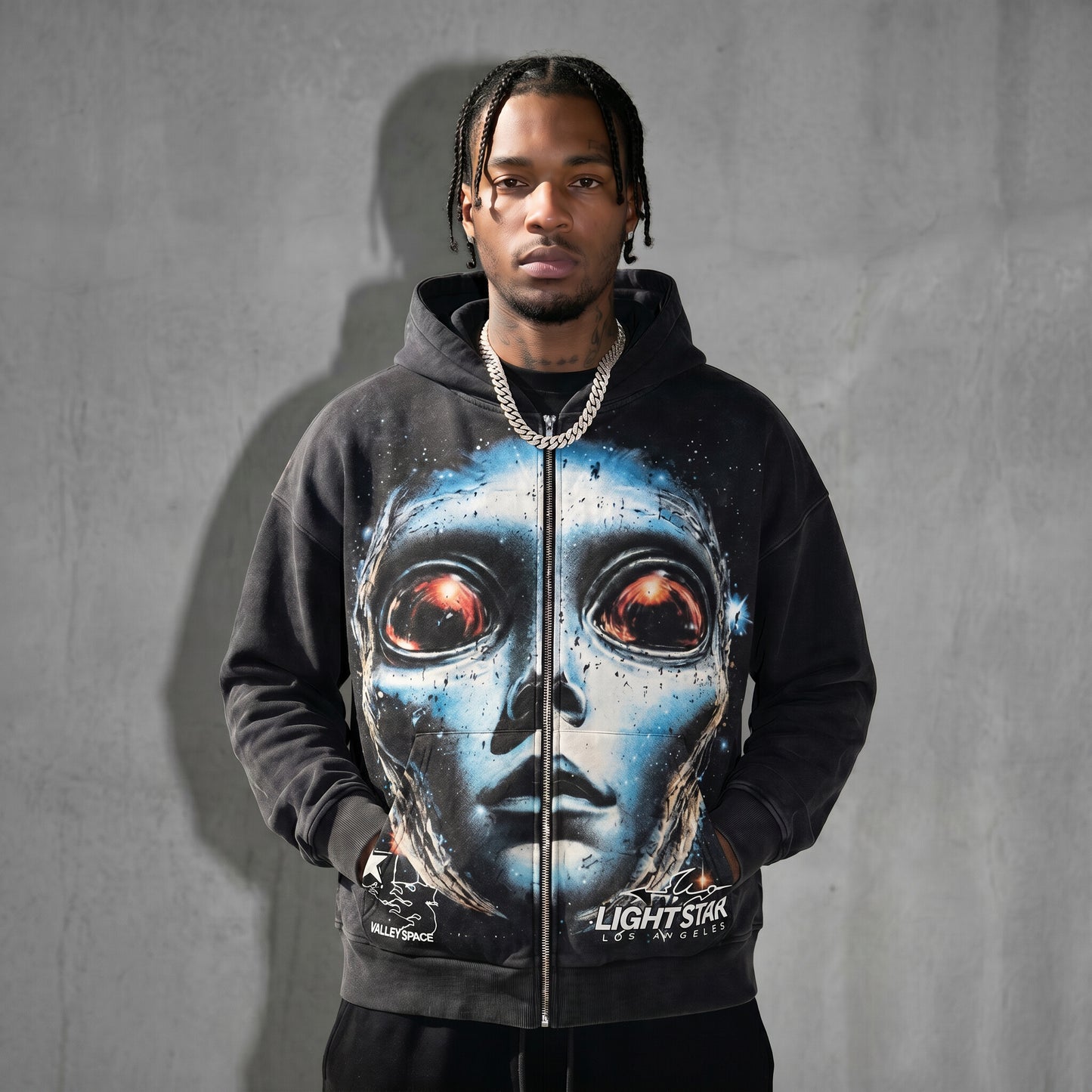 Valley Space Alien Zip Hoodie (Full Print) Washed Black front