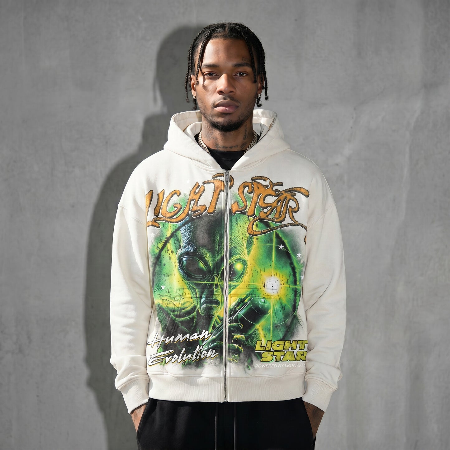 See The Distruction Zip Hoodie Bone White front