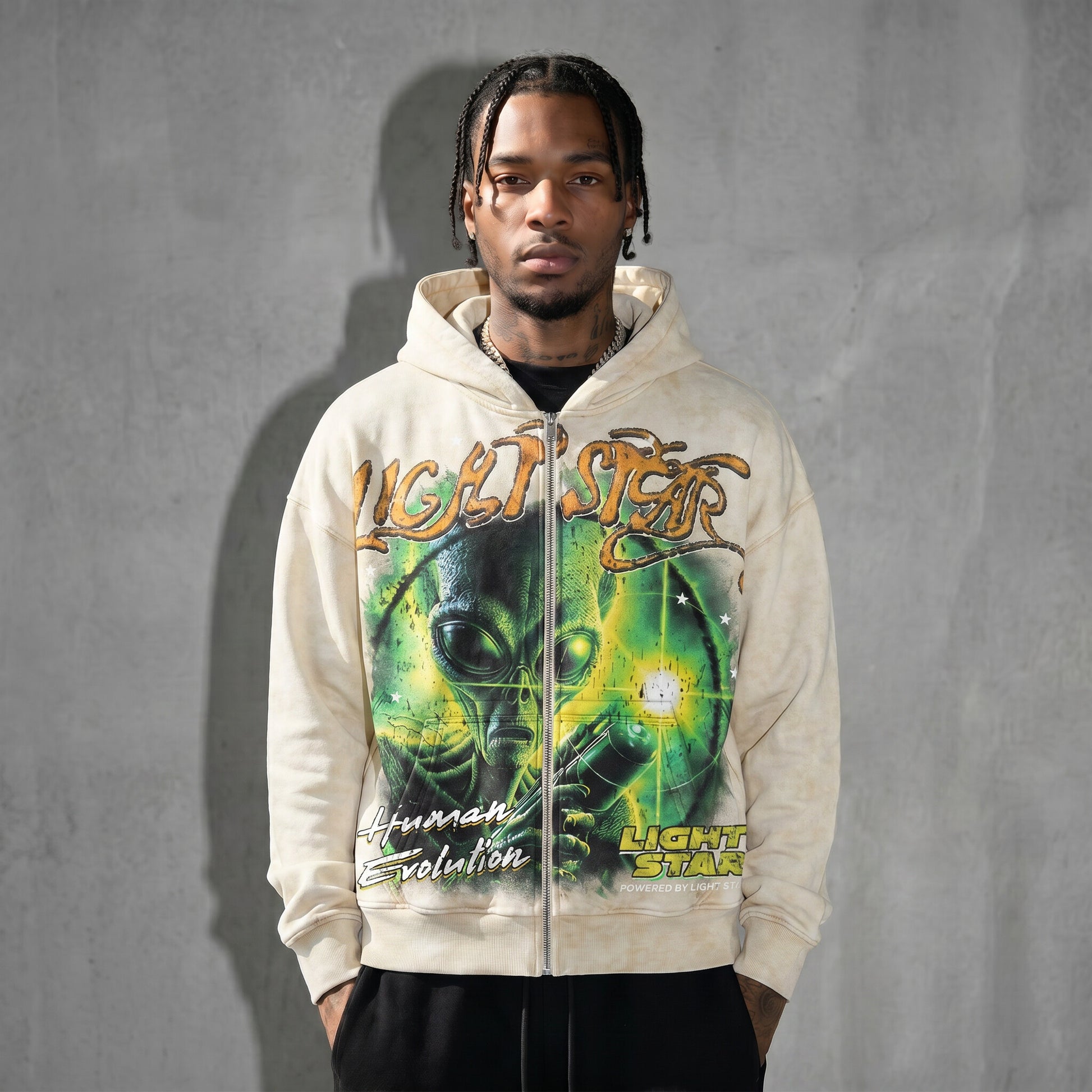 See The Distruction Zip Hoodie Vintage White front