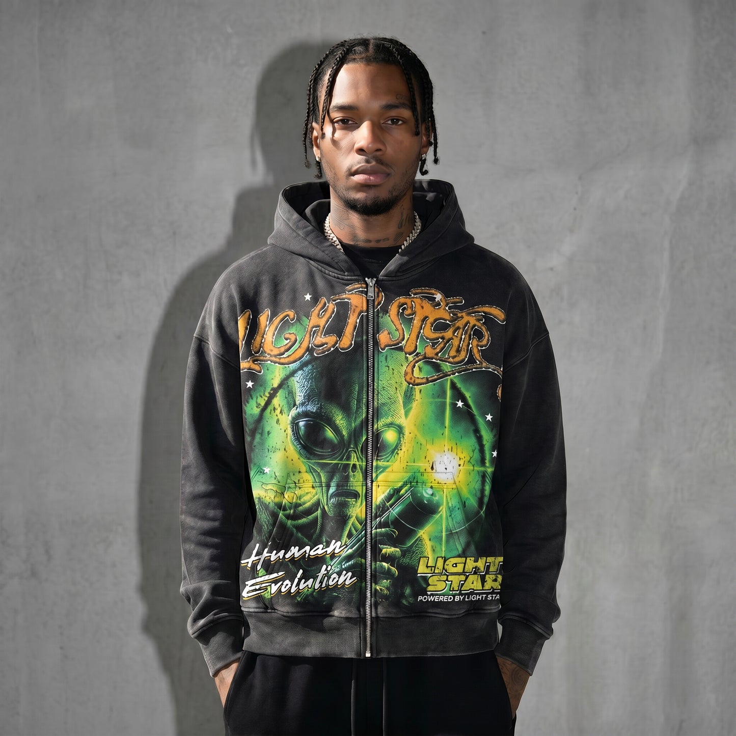 See The Distruction Zip Hoodie Washed Black front