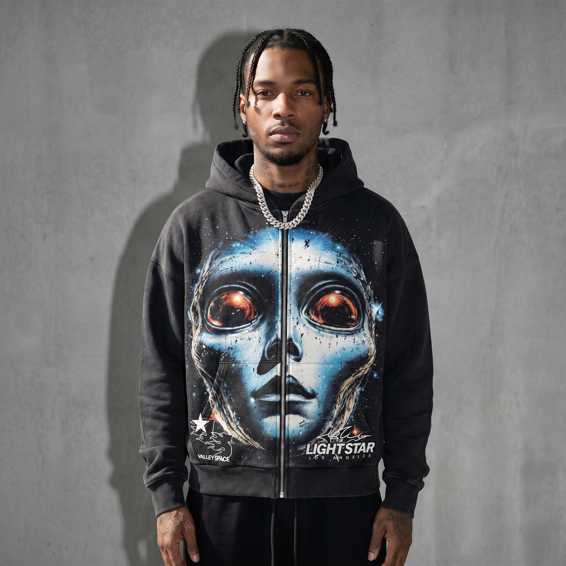 Valley Space Alien Zip Hoodie Vintage Black front