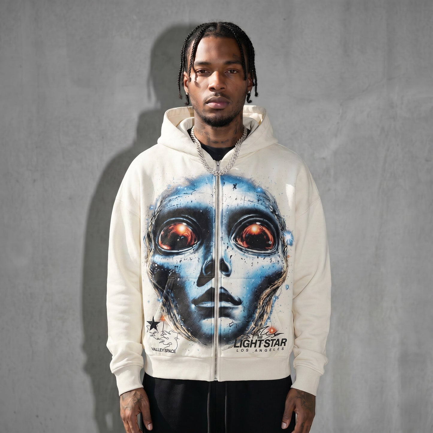 Valley Space Alien Zip Hoodie Vintage White front