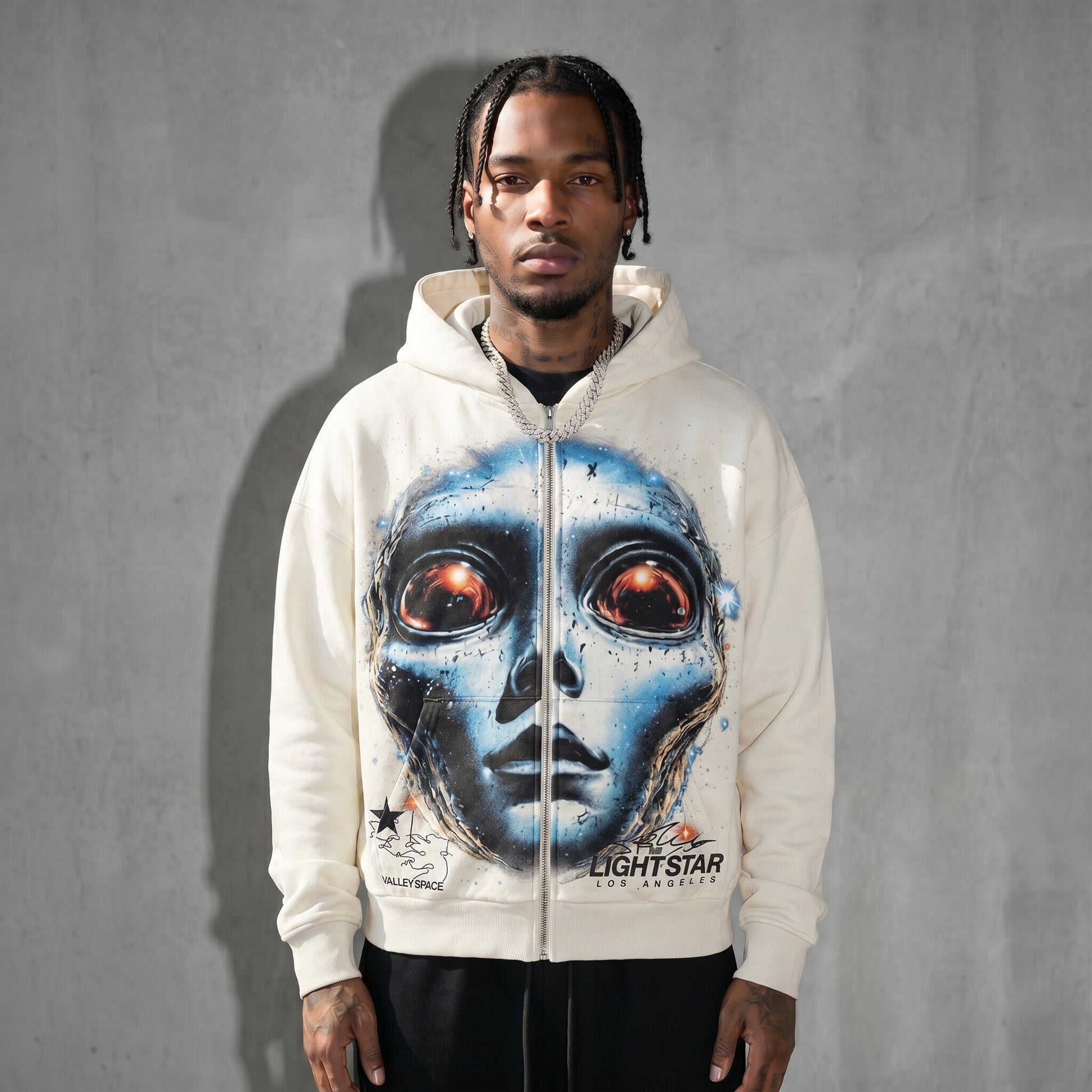 Valley Space Alien Zip Hoodie Vintage White front