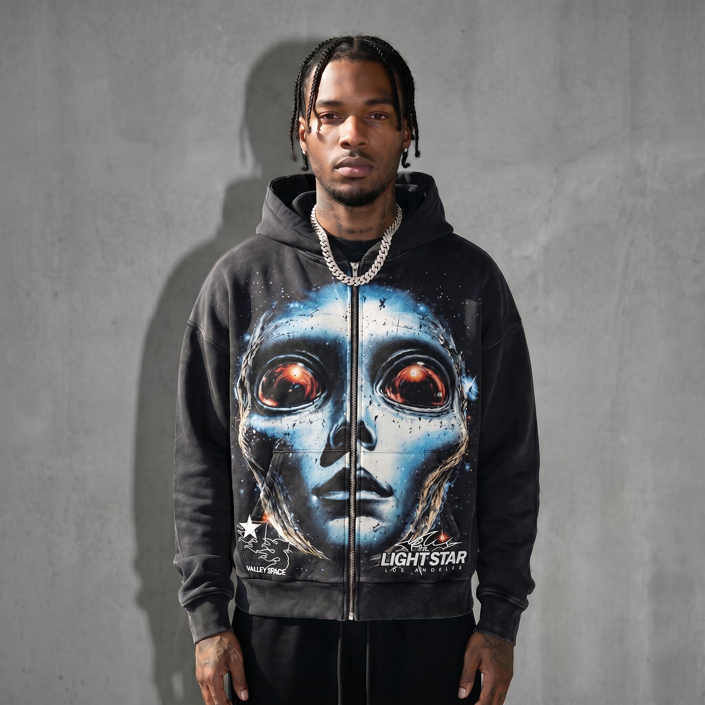Valley Space Alien Zip Hoodie Washed Black front